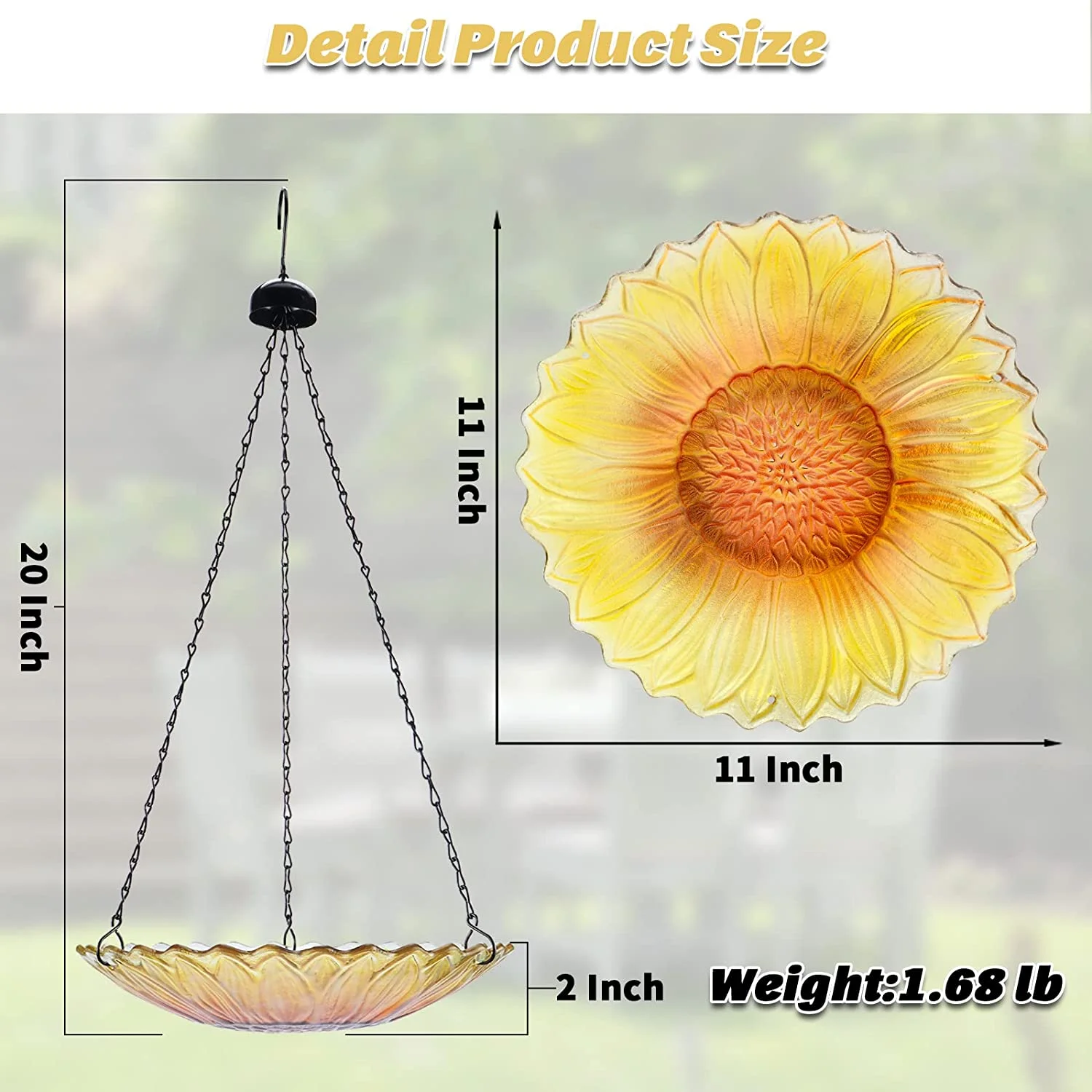 Hanging Bird Bath Outdoor Glass Bird Baths Sunflower Bird Feeder with Water Ripple Rim 11 Inch for Garden Yard Patio Decor