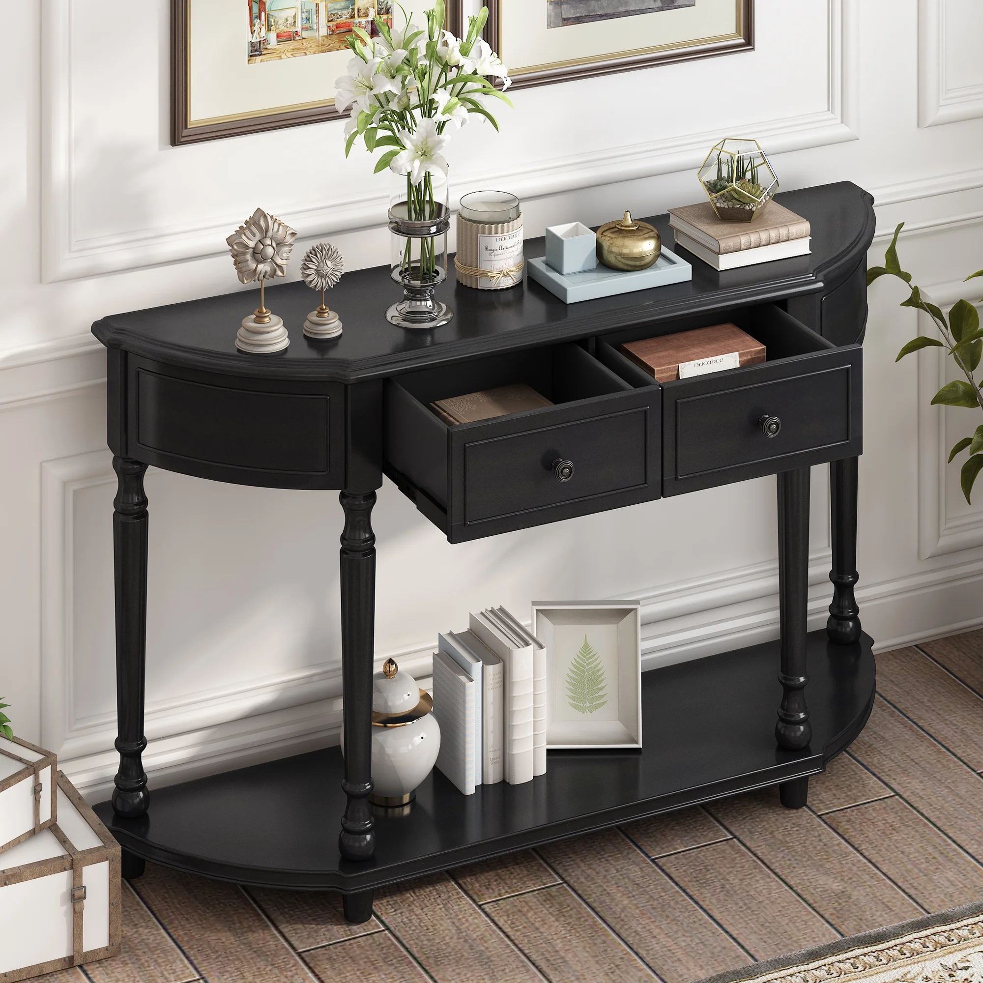 Retro Circular Curved Design Console Table with Open Style Shelf Solid Wooden Frame and Legs Two Top Drawers (Espresso, OLD SKU: WF298768AAB)