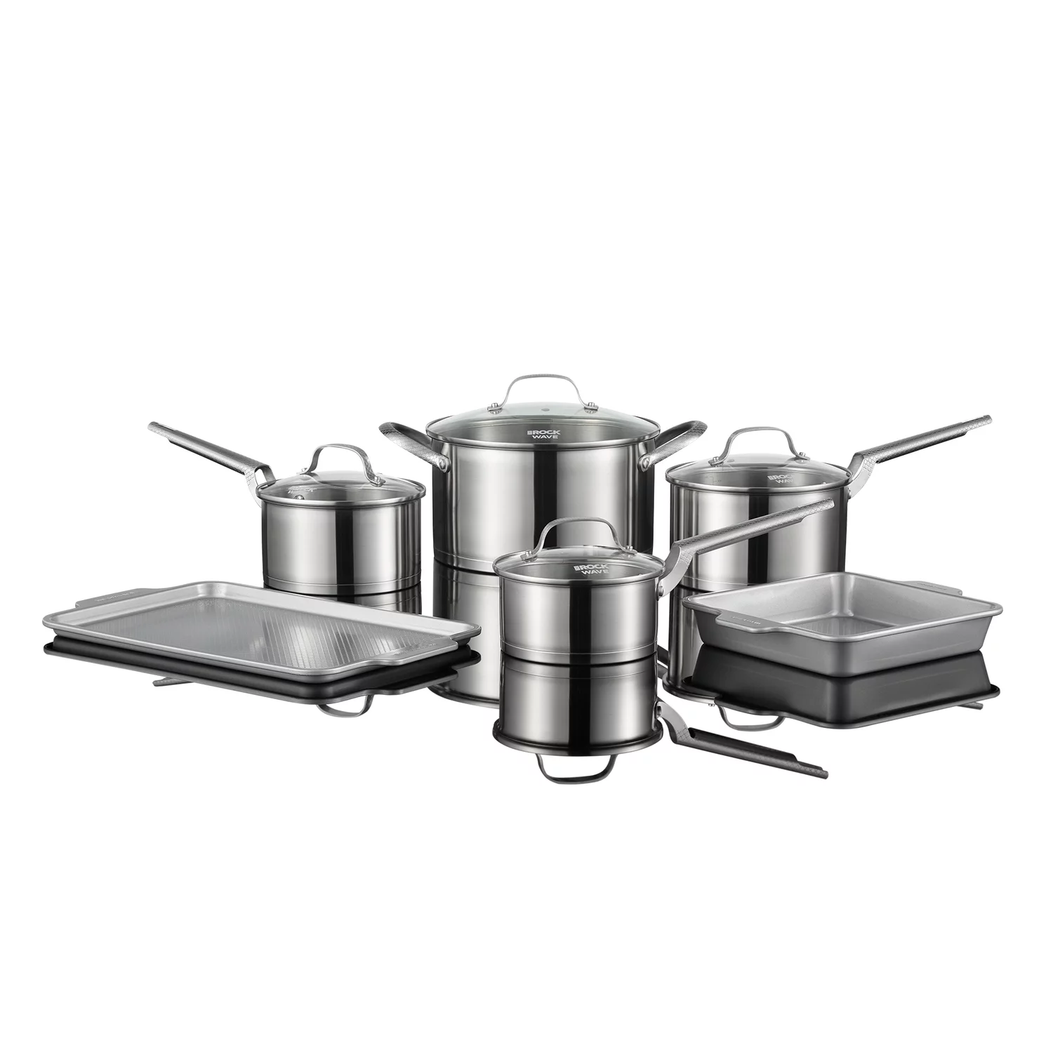THE ROCK by Starfrit 034825-001-0000 10-Piece Stainless Steel Cookware Set with 9-In. Cake Pan and 10-In. x 15-In. Cookie Sheet