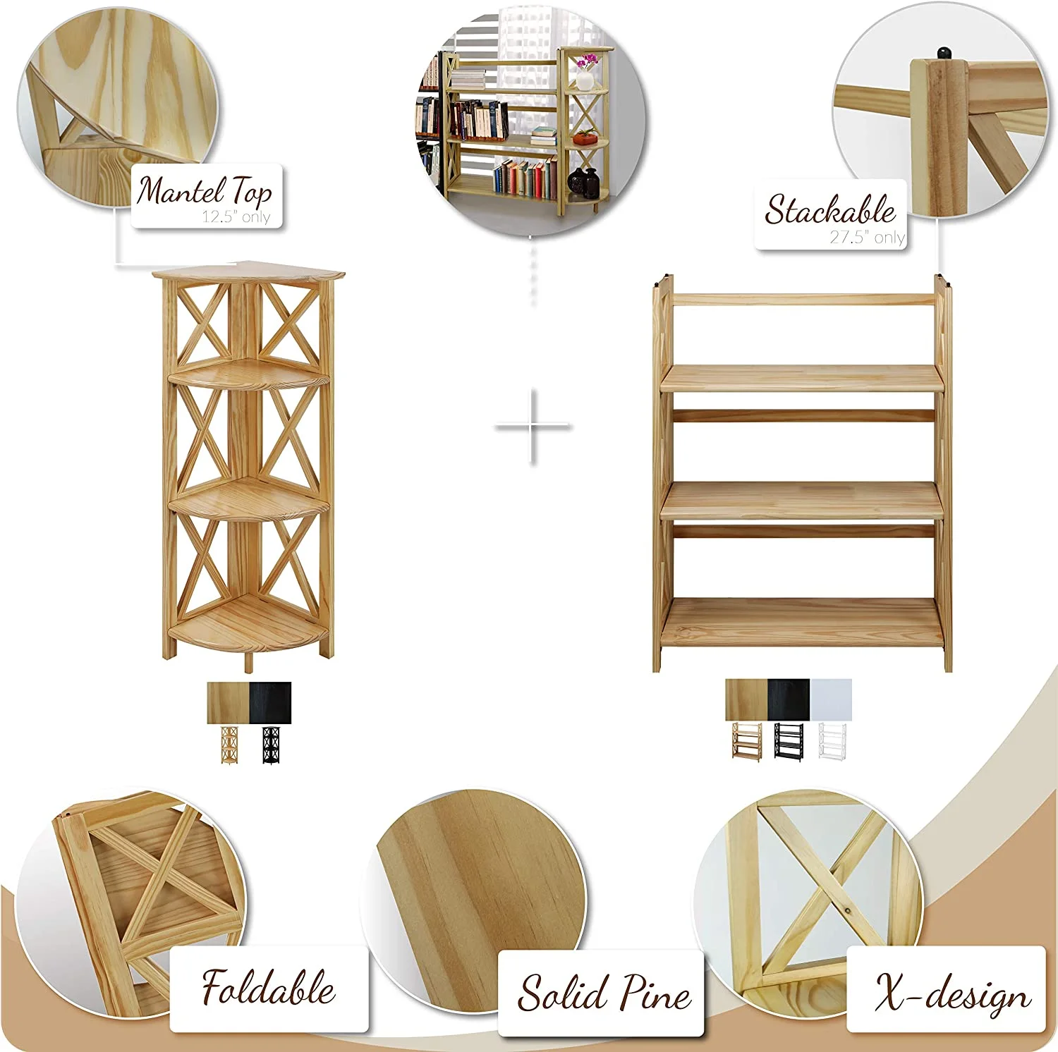 Montego 3-Shelf Folding Bookcase, Natural , 27.5