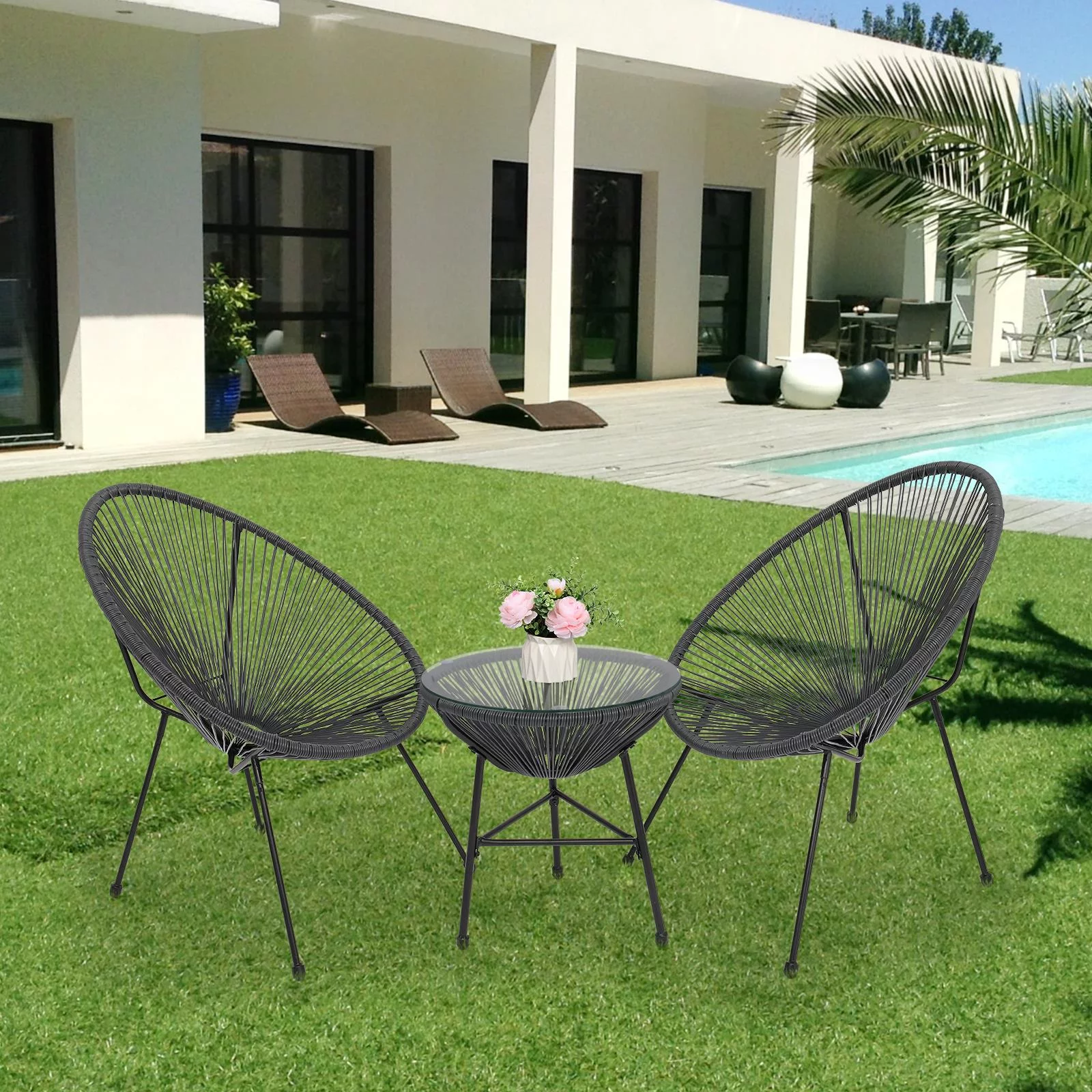 Winado 3-Piece Outdoor Acapulco Patio Conversation Bistro Set w/Plastic Rope,Gray