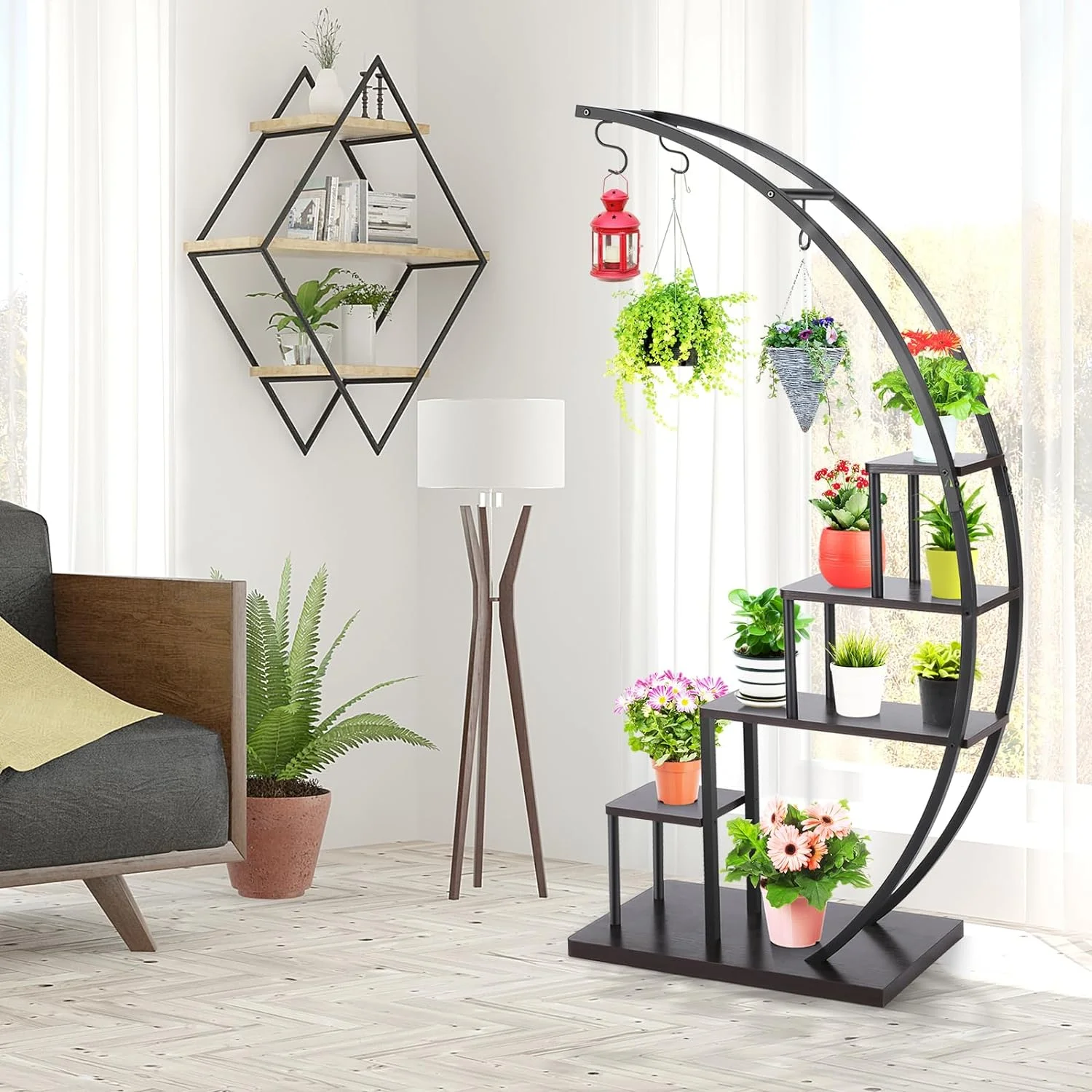 5-Tier Indoor Metal Plant Stand: Tall Half Moon Design with Heart-Shaped Shelves, Includes 3 “S” Hooks for Planter Display in Home Garden Balcony Patio