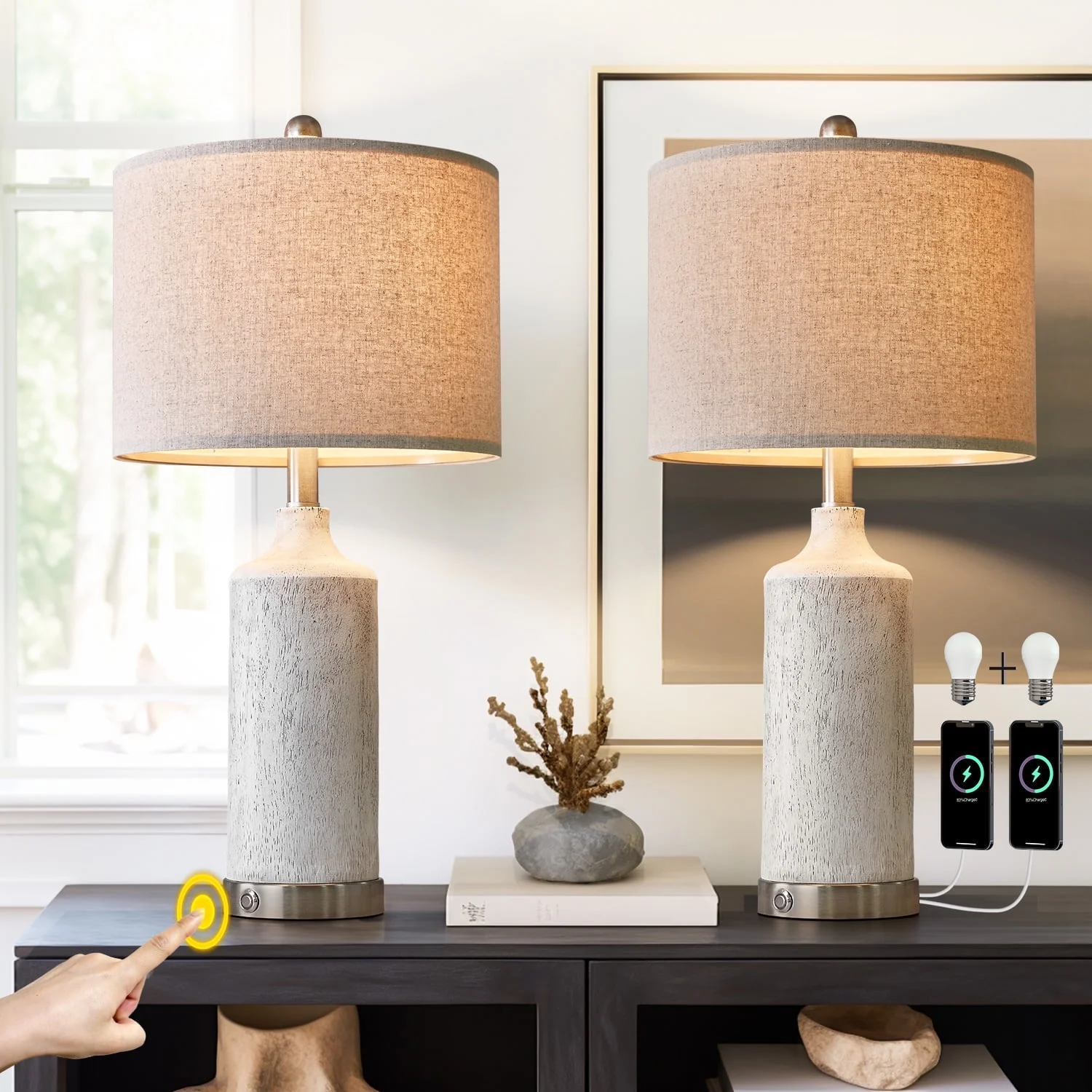 Oneach 3 Way Dimmable Table Lamp Set of 2 with USBC+A, 24