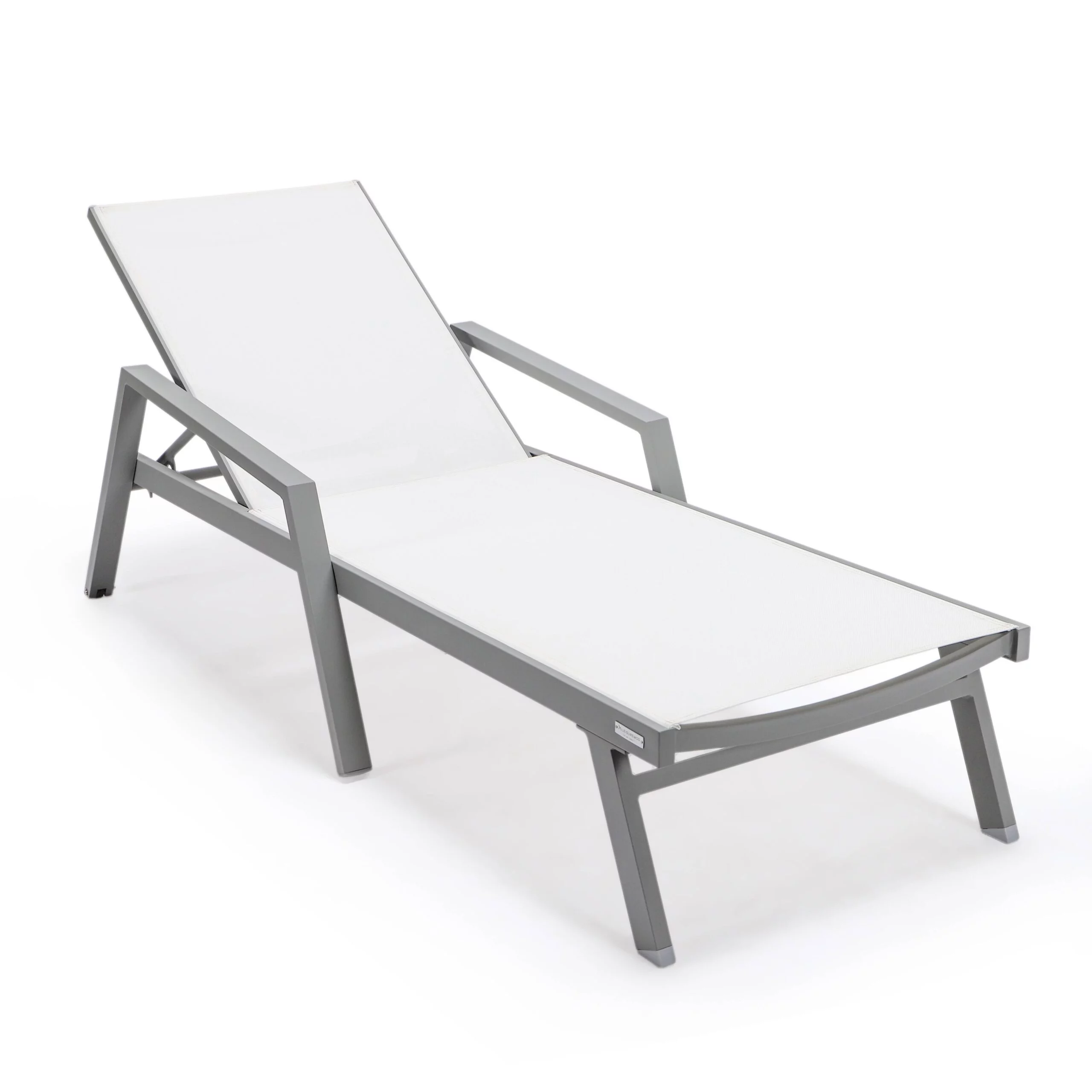 LeisureMod Marlin Modern Outdoor Chaise Lounge Arm Chair with Grey Powder Coated Aluminum Frame for Patio and Backyard Garden, Set of 2 (White)