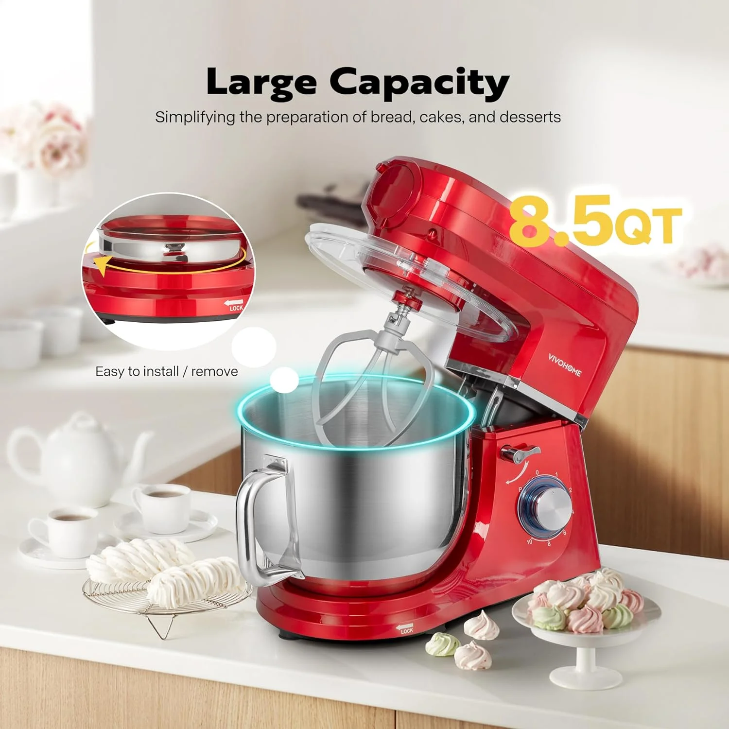 SPECSTAR 6 in 1 Multifunctional Stand Mixer with 8.5 Quart Stainless Steel Bowl, 660W 10 Speed Tilt-Head, Red