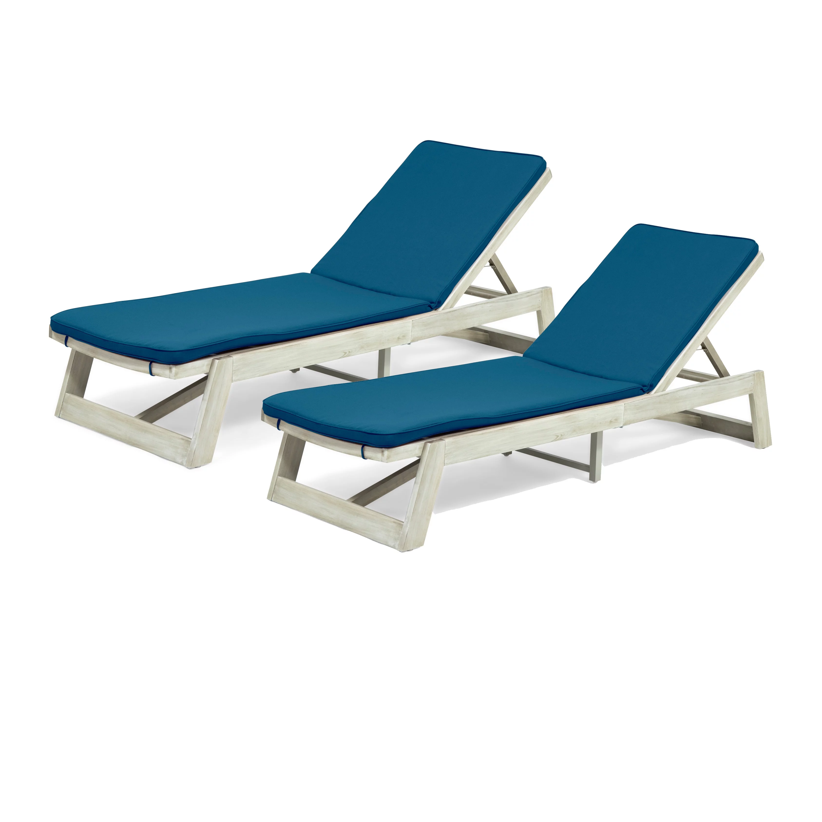 Christopher Knight Home Maki Outdoor Acacia Wood Chaise Lounge and Cushion Set (Set of 2) by  Light Grey Wash with Blue