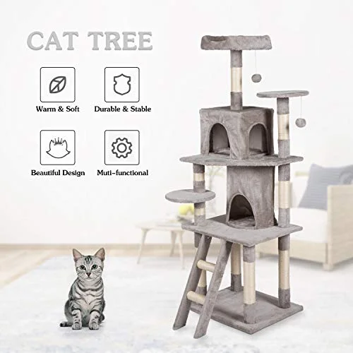 Kinsuite 67” Cat Tree Tower - Cat Condo with Sisal Scratching Climbing & Scratching Posts, Multi-Level Cat Furniture Cat Activity Play House Indoor for Cats, Grey