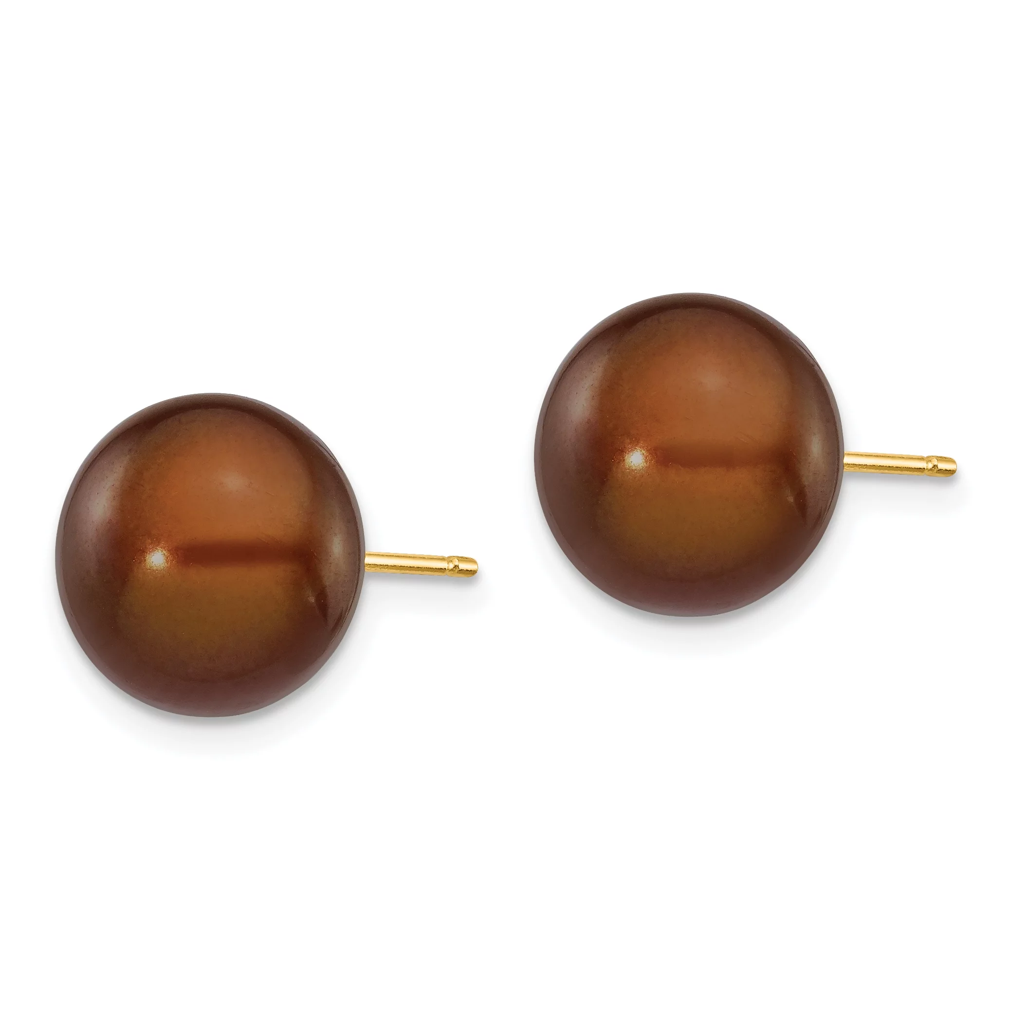 Primal Gold 14 Karat Yellow Gold 10-11mm Coffee Button Freshwater Cultured Pearl Stud Post Earrings