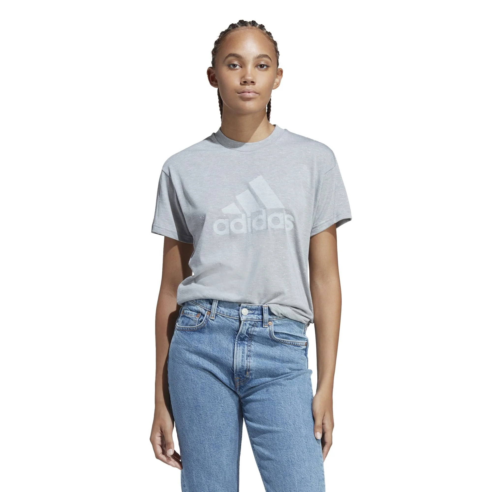 adidas Future Icons Winners 3.0 Tee (Womens, Medium Grey Heather/White, SM)