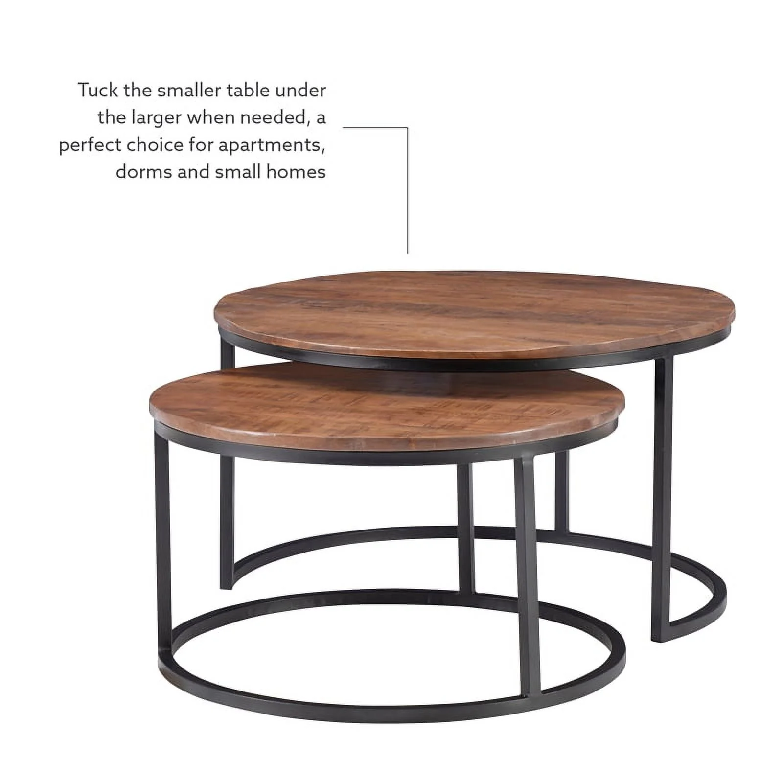 Linon Mina Round Wood Nesting Coffee Tables (Set of 2) in Black Matte Iron