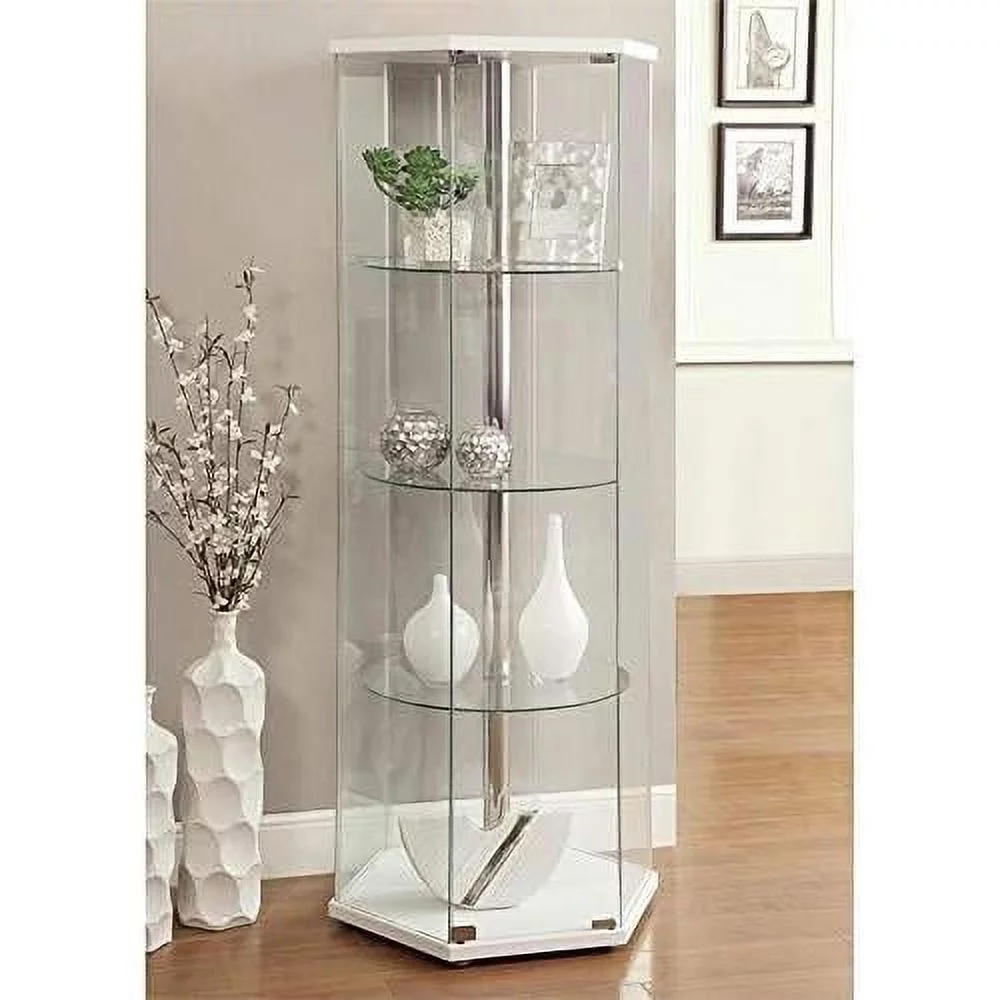 Hexagonal Round Corner 4 Shelf Glass Curio Cabinet Display Case In White And Chrome