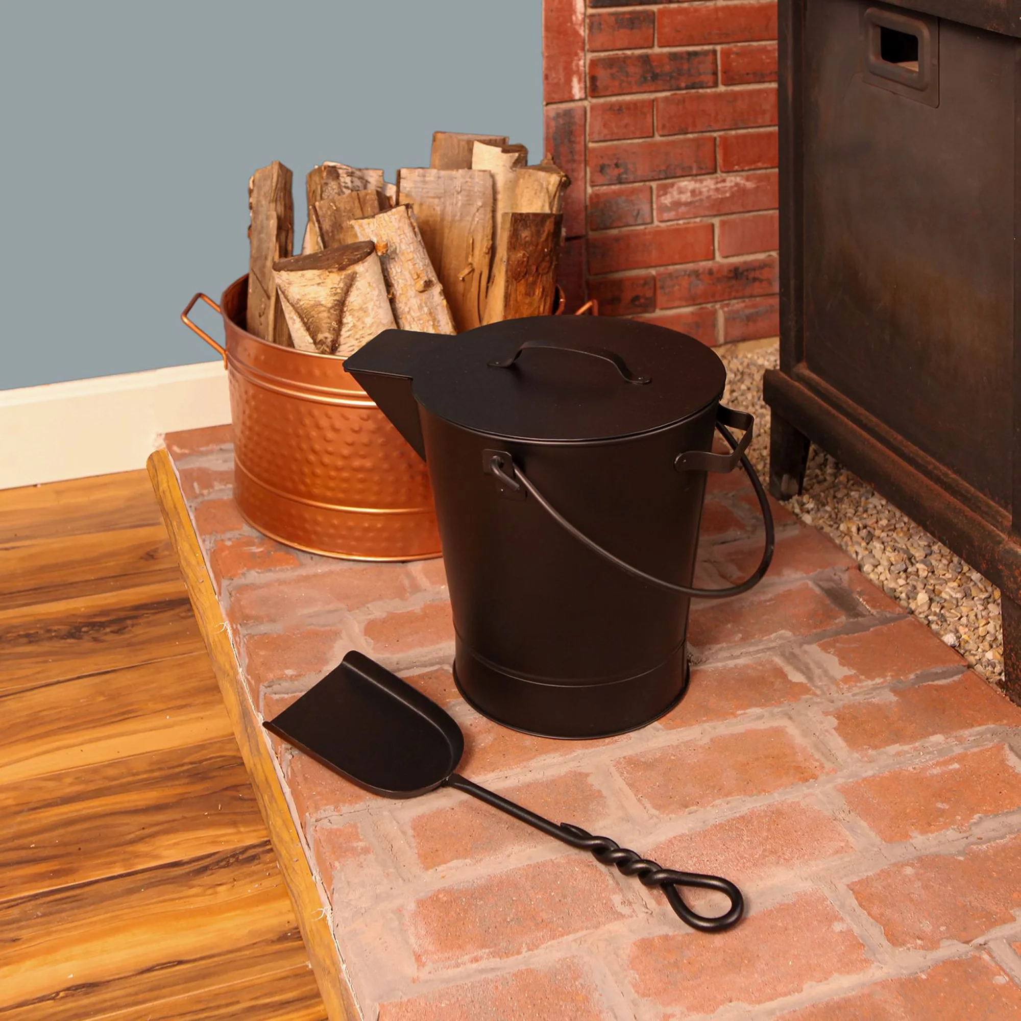 Minuteman International Powder Coated Steel Ash Pail w/ Handle, All Black