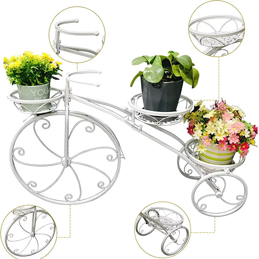 White Tricycle Bicycle Plant Stand Flower Pot Cart Holder Planter Rack Display