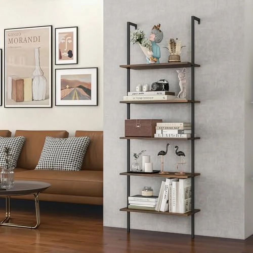 YPXNVTD 5 Tier Modern Wall Mounted Bookshelf Rustic Brown  71" Industrial Wood Bookcase with Steel Frame  Stand Display  Rack Organizer Ladder  for Living Room  Kitchen