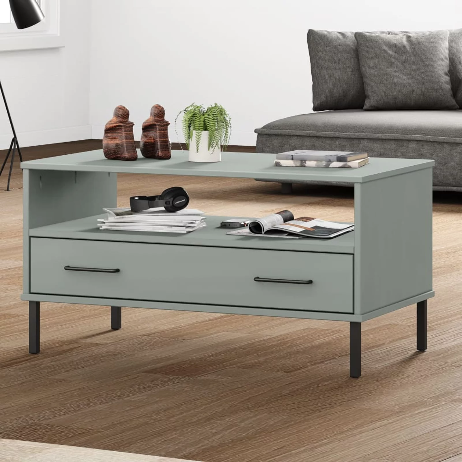 Anself Coffee Table with Open Compartment and Storage Drawer, Metal Legs Sofa End Table, Pine Wood Side Table for Living Room Home Furniture 33.5 x 19.7 x 17.7 Inches (W x D x H)