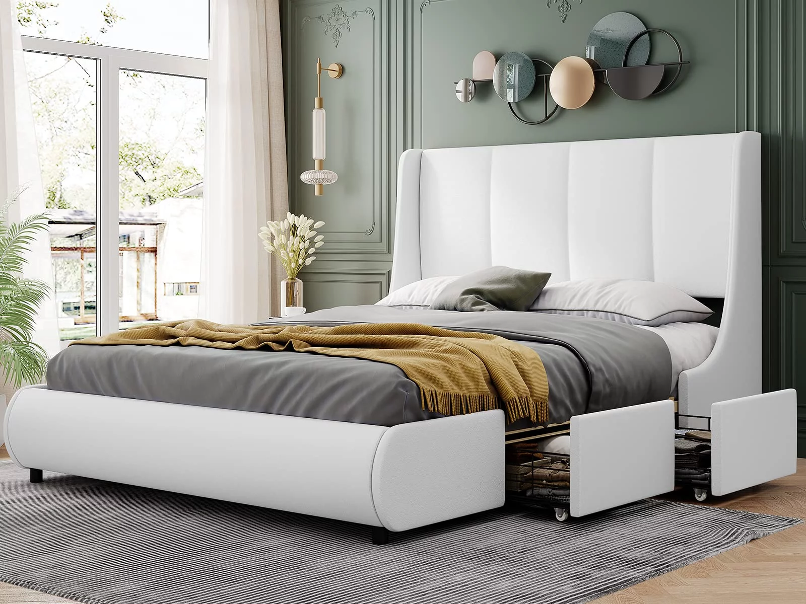 DICTAC Queen Modern Upholstered Platform Bed Frame with 4 Storage Drawers and Wingback Headboard, Faux PU Leather, Wood Slats Support, No Box Spring Needed, White