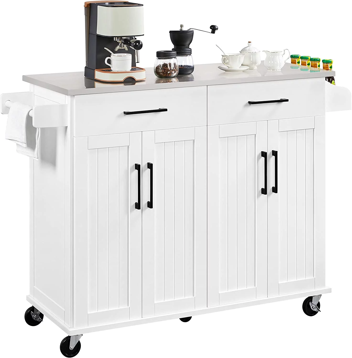 Kitchen Cart with Stainless Steel Countertop and 2 Drawers, Island on Wheels with Storage Cabinet and Inner Adjustable Shelves, Island Table with Spice Rack for Dining Room, White