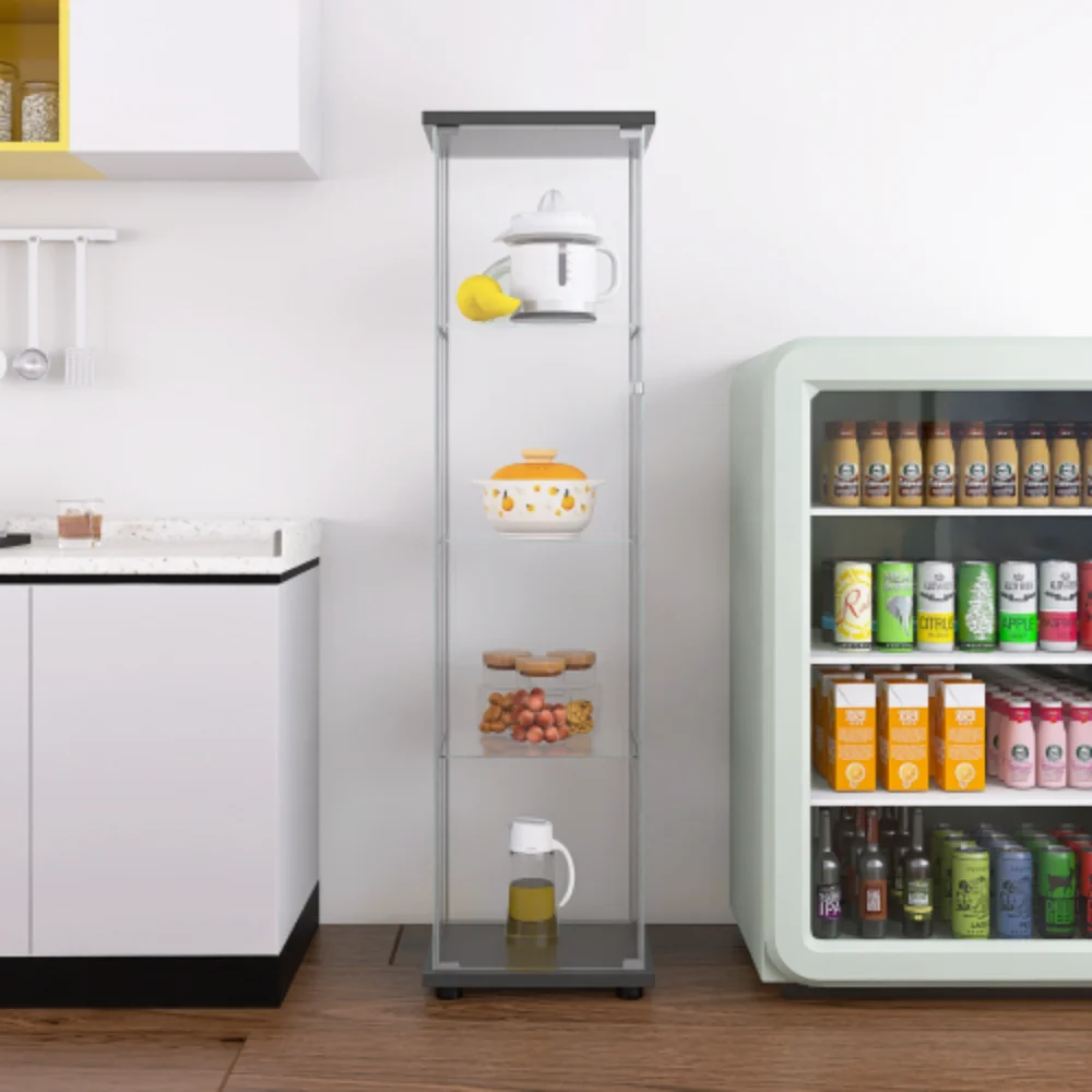 Glass Cabinet-b Glass Display Cabinet 4 Shelves with Door, Floor Standing Curio Bookshelf for Living Room Bedroom Office, 64.7