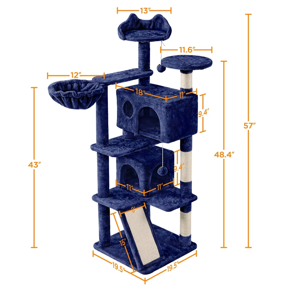 Topeakmart 57''H Multilevel Cat Tree Tower with 2 Condos & Scratching Posts/Ramp, Navy Blue