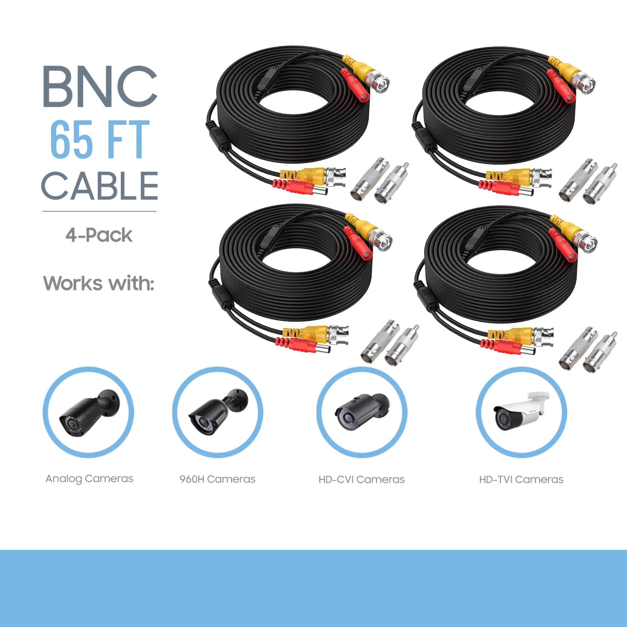 K-MAINS 4 Pack 65Feet 20m BNC Video Power Cable Compatible for Security Camera Wire Cord camfor Surveillance CCTV DVR Surveillance System