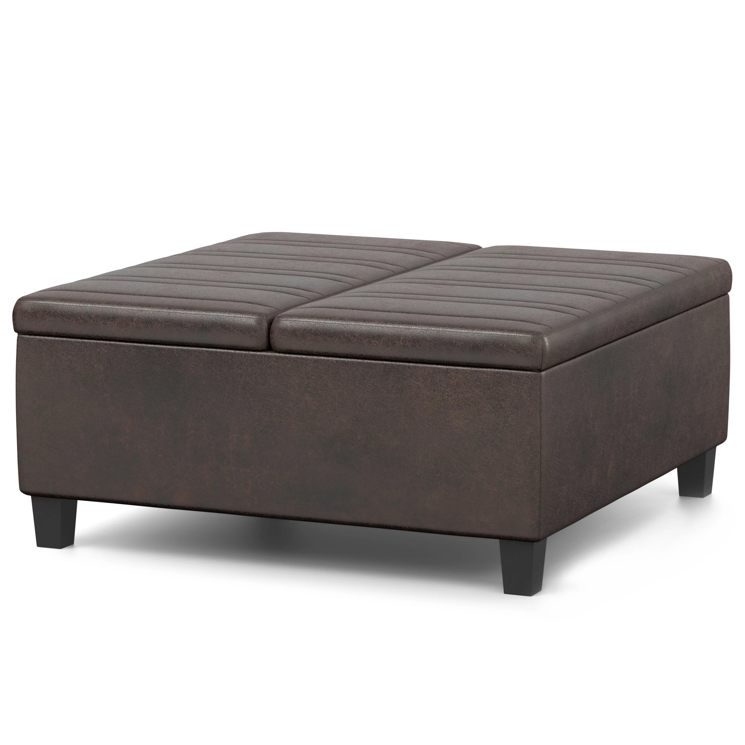 Simpli Home Ellis 36 inch Wide Contemporary Square Coffee Table Storage Ottoman in Distressed Brown Vegan Faux Leather