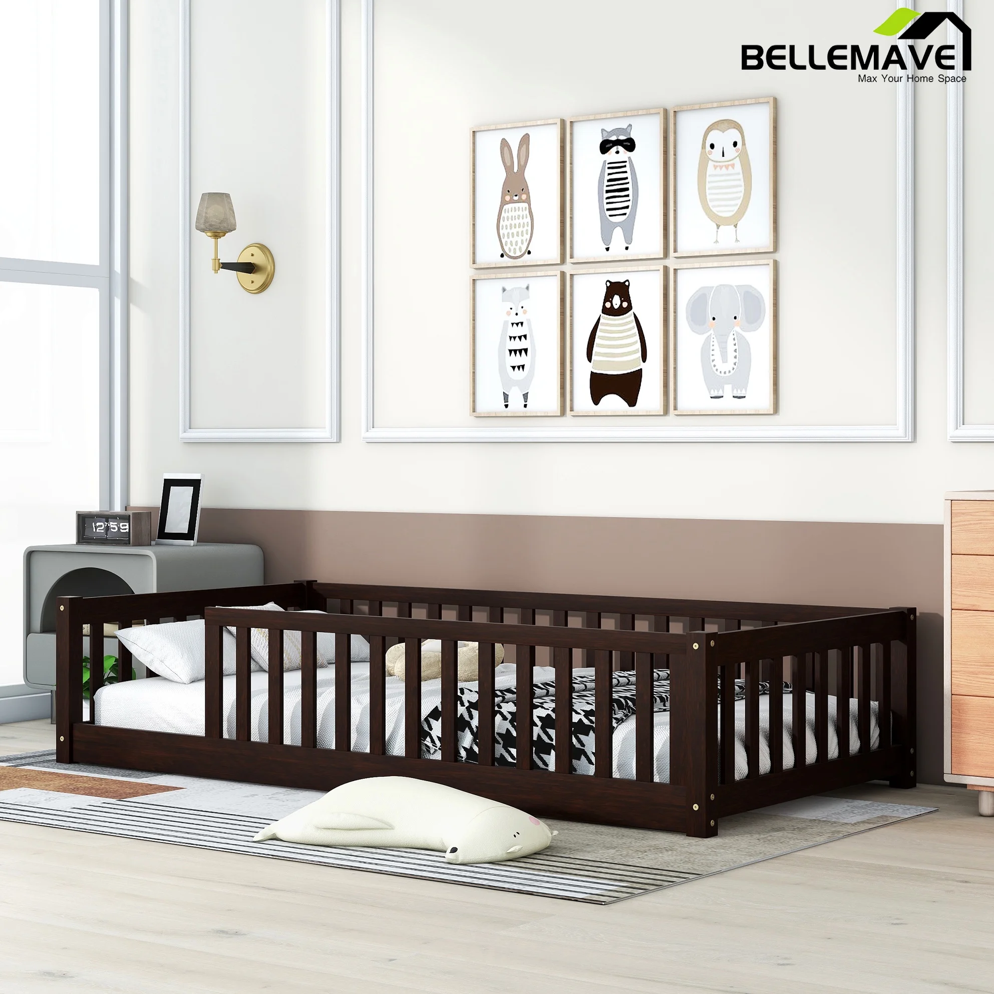 Bellemave Twin Size Floor Bed Frame with Fence and Slats Toddler Floor Bed Frame Low Platform Bed without Door Montessori Bed Frame for Kids, Boys, Girls, No Box Spring Needed (Espresso)