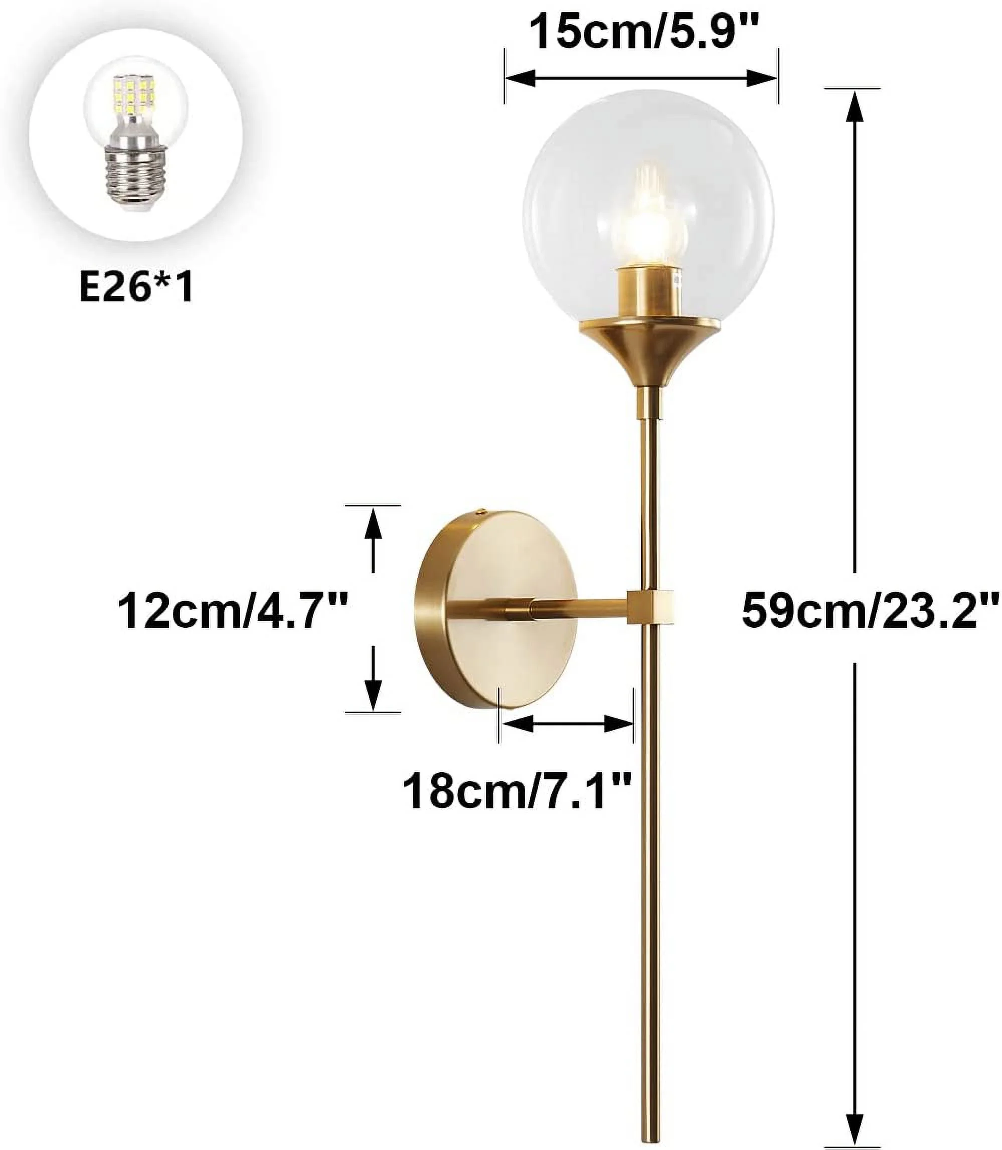 HYUN Clear Bubble Glass Globe Wall Mounted Sconce Light Set of 2 Modern Brass Gold Long Pole Wall Sconce Lighting Set of Two Mid Century Vintage Bathroom Mirror Wall Lamp (Clear)