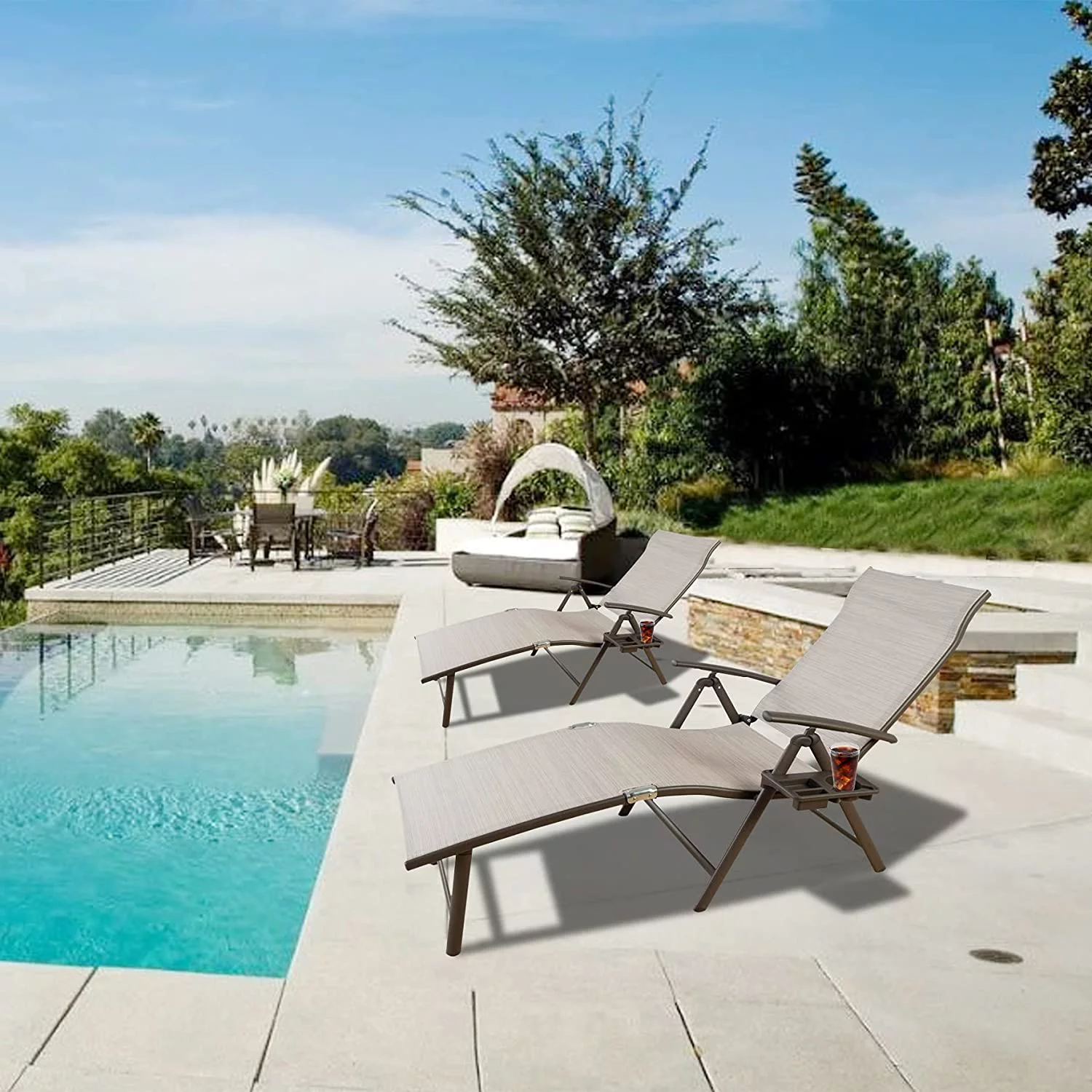 1 Pack Cozy Aluminum Reclining Lounge Chair - Perfect for Beach, Yard, Pool, Deck, and Patio - Outdoor Chaise Lounge with Drink Holder, Weather Free, Adjustable - Assemble-Free (Beige)