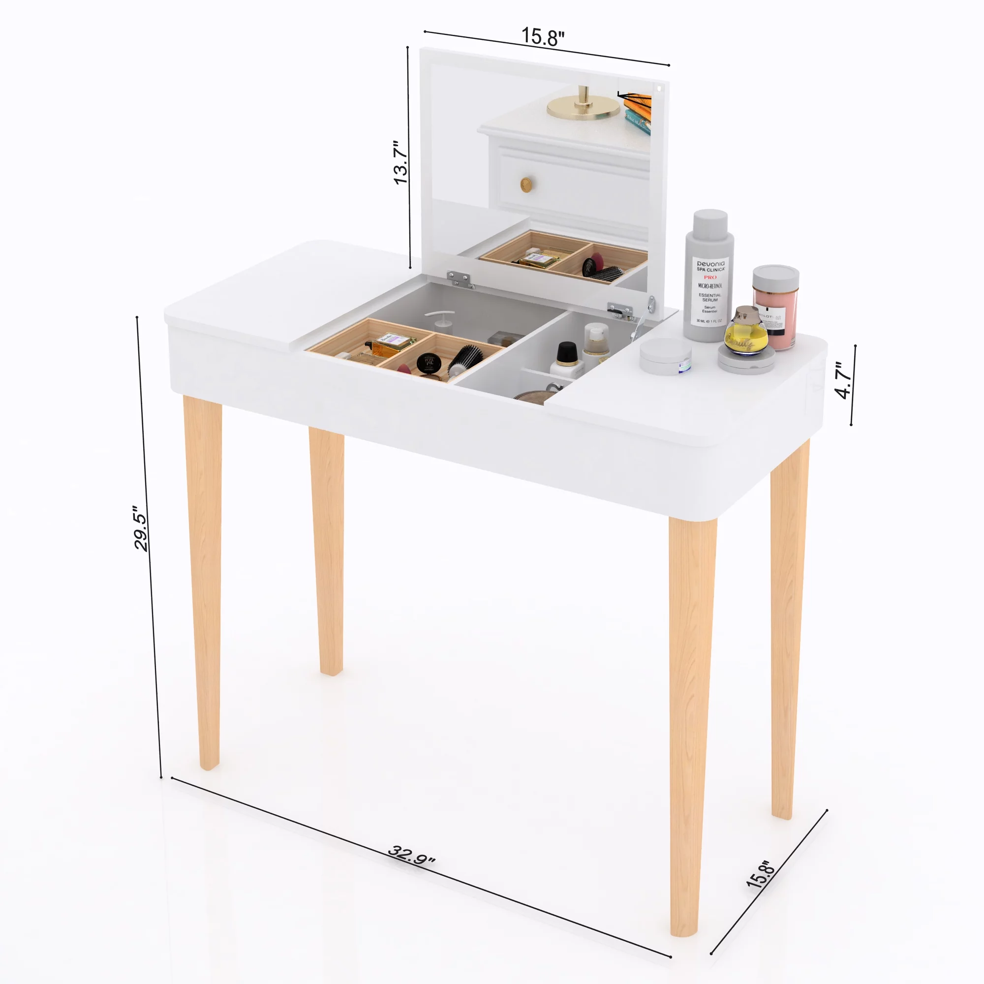 DLPIN Vanity Table with Flip Top Mirror & Solid Wood Legs,Makeup Vanity Desk with storage(White)