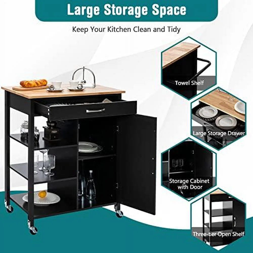 GVJMTKP Kitchen Island with   Rolling Kitchen Cart with Towel Rack   Drawer  and 3-Tier Open Shelves  Kitchen Island on Wheels with Rubber Wood Top  34.5 x 18.5 x 36.5 Inches (Black)