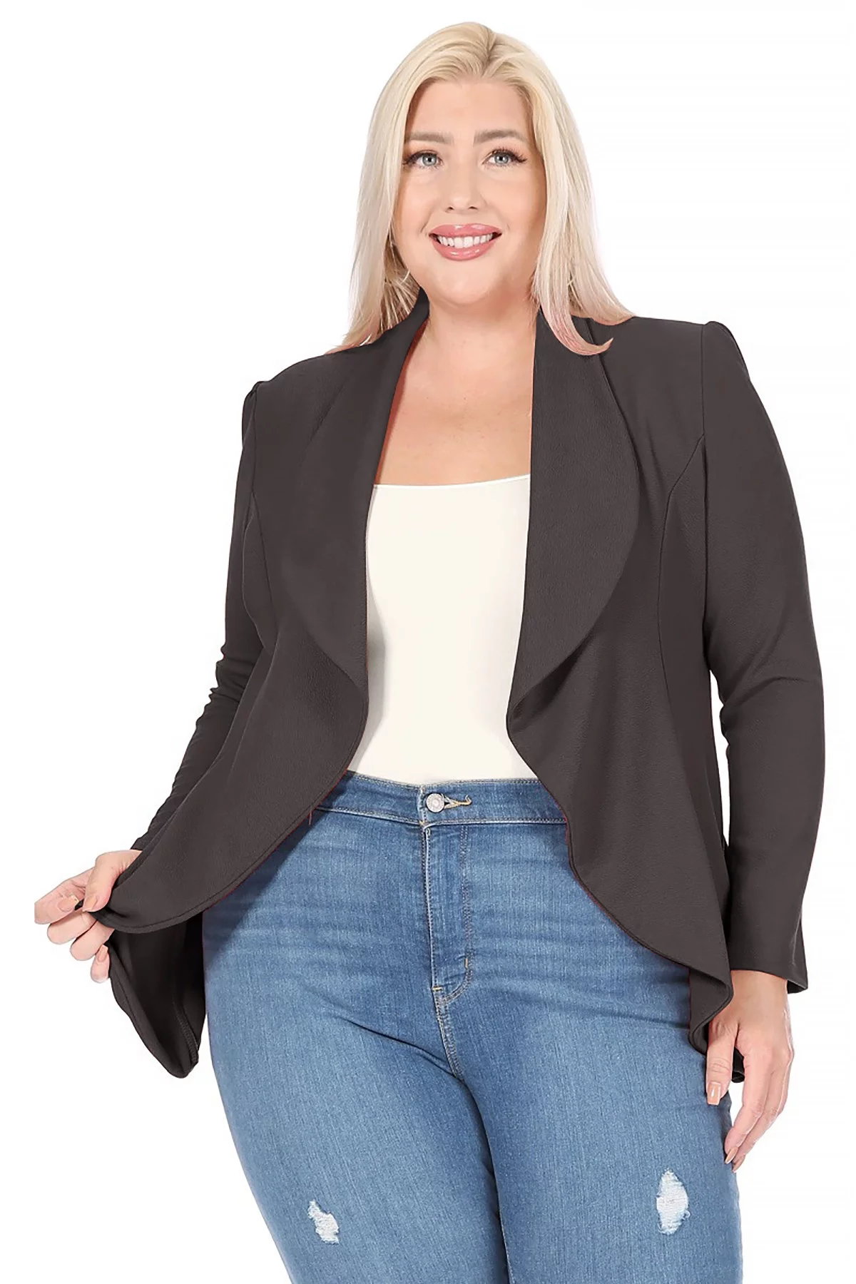 Women's Plus Size Long Sleeve Waist Length Open Front Office Blazer Jacket