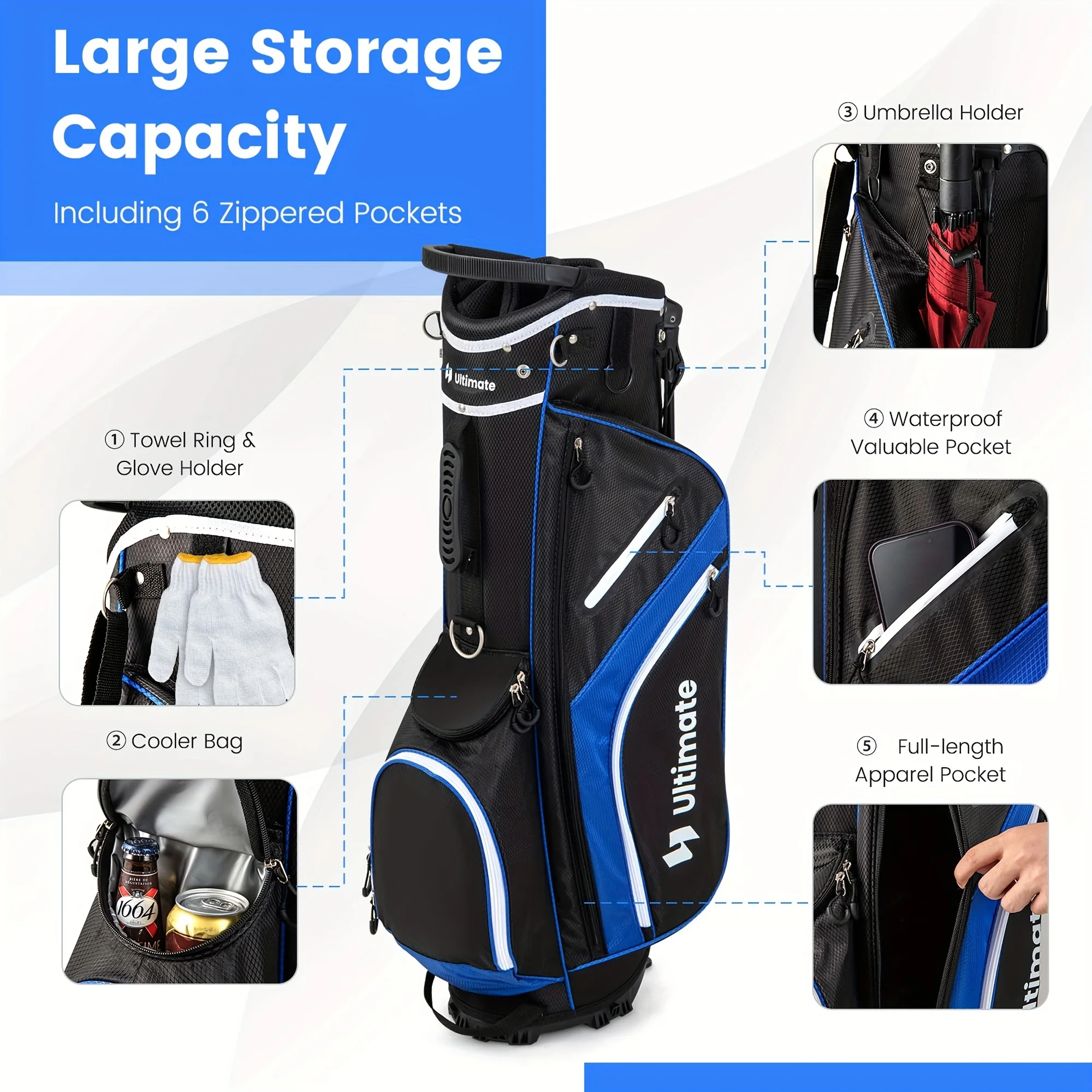 14-Way Top Divider Golf Stand Bag - Spacious 6-Pocket Organizer with Cooler Compartment & Rain Hood - Easy Transport for Daily Rounds and Practice Sessions
