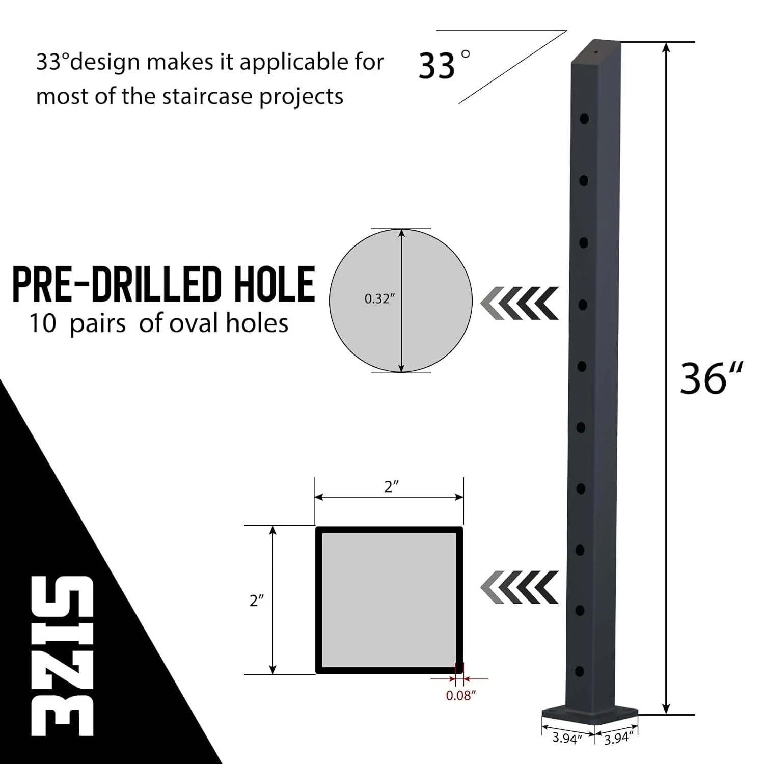 OUWI Cable Railing Post 36”x2”x2” Steel Square Intermediate Post in 33 Degree, Pre-Drilled 10 Pairs of Hole with Flat Top Connector Black Powder Finishing Surface for Wood/Concrete Stair Deck