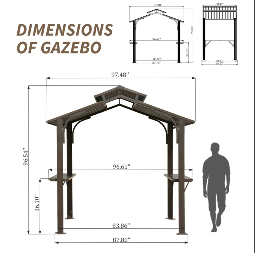 Domi Outdoor Living Aluminum BBQ Gazebo Outdoor Metal Frame with Shelves Serving Tables, Permanent Double Roof Hardtop Gazebos for Patio Lawn Deck Backyard, and Garden (Dark Brown)