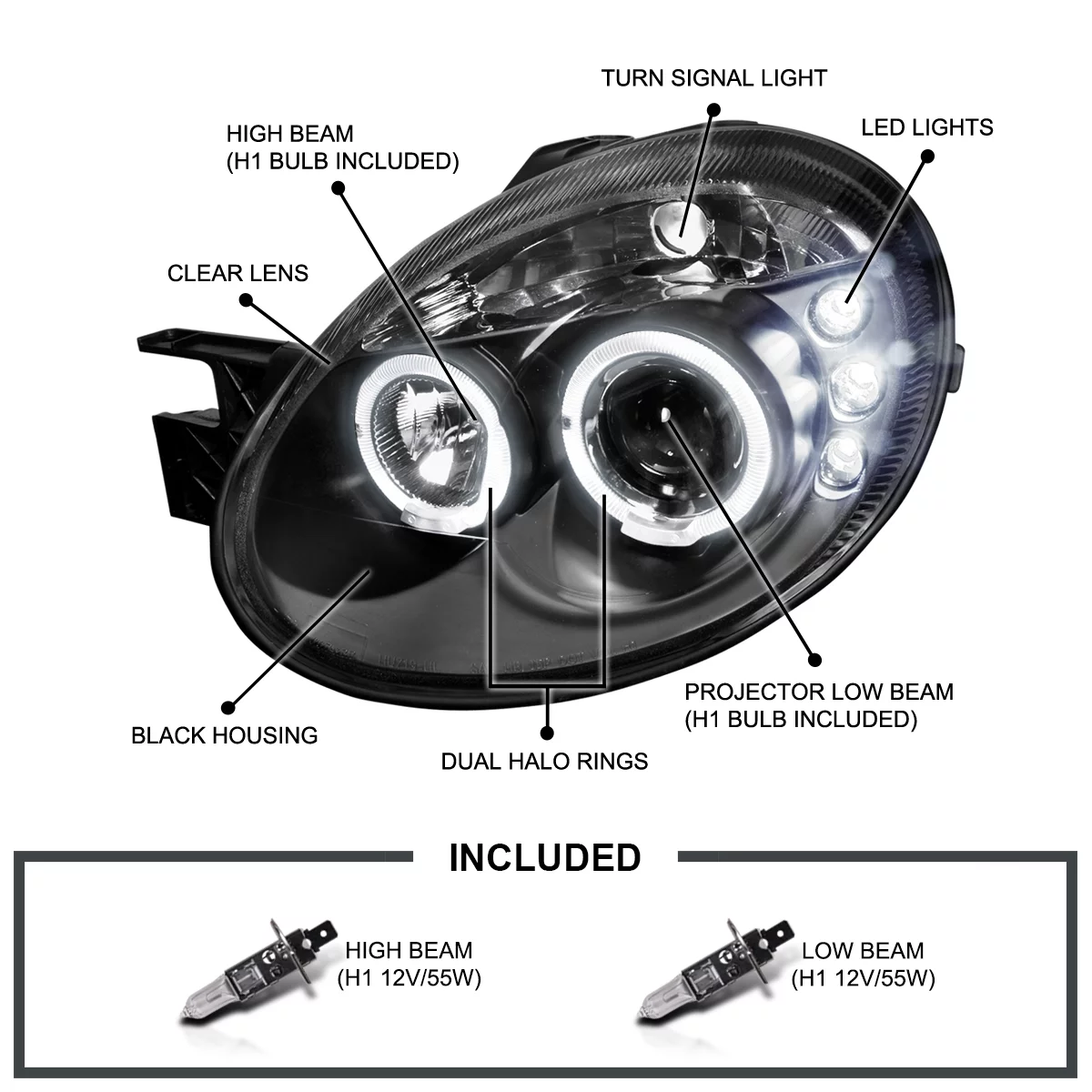 Spec-D Tuning LED Pro Headlights Black Compatible with 2003-2005 Dodge Neon Left + Right Pair Headlamps Assembly