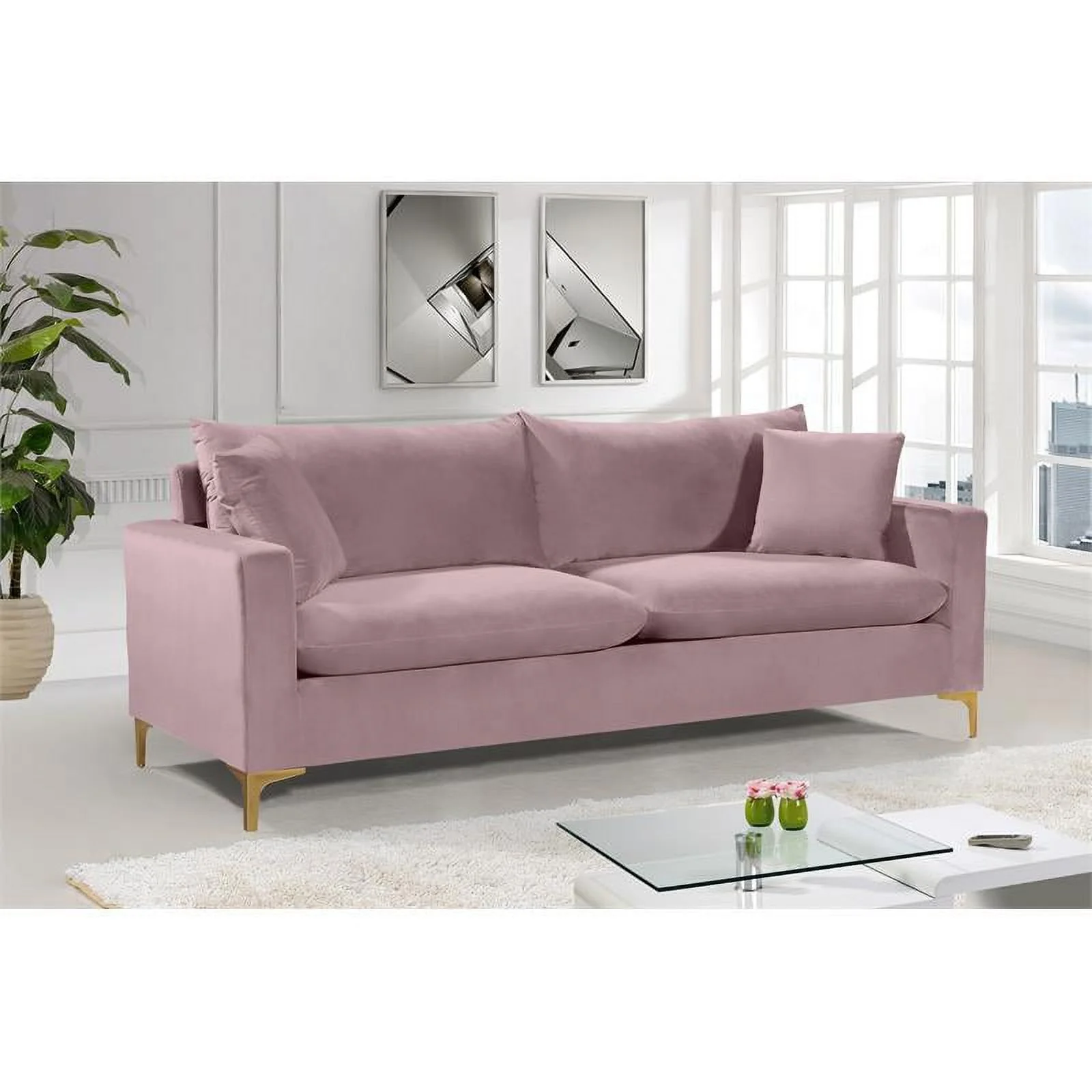 Home Square 3-Piece Set with Velvet Accent Chair Sofa and Loveseat in Pink