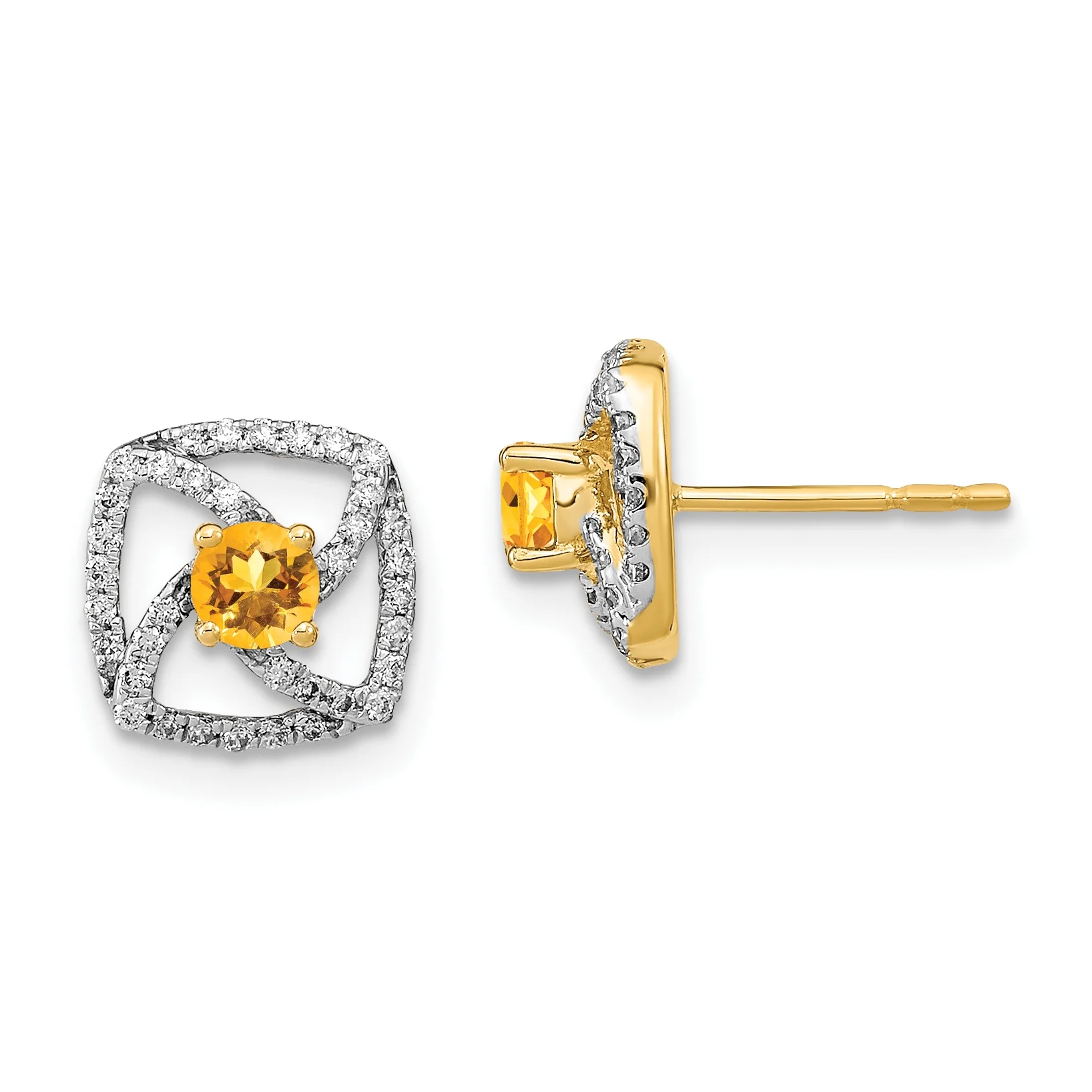 Primal Gold 14 Karat Yellow Gold Polished Diamond and Citrine Square Post Earrings