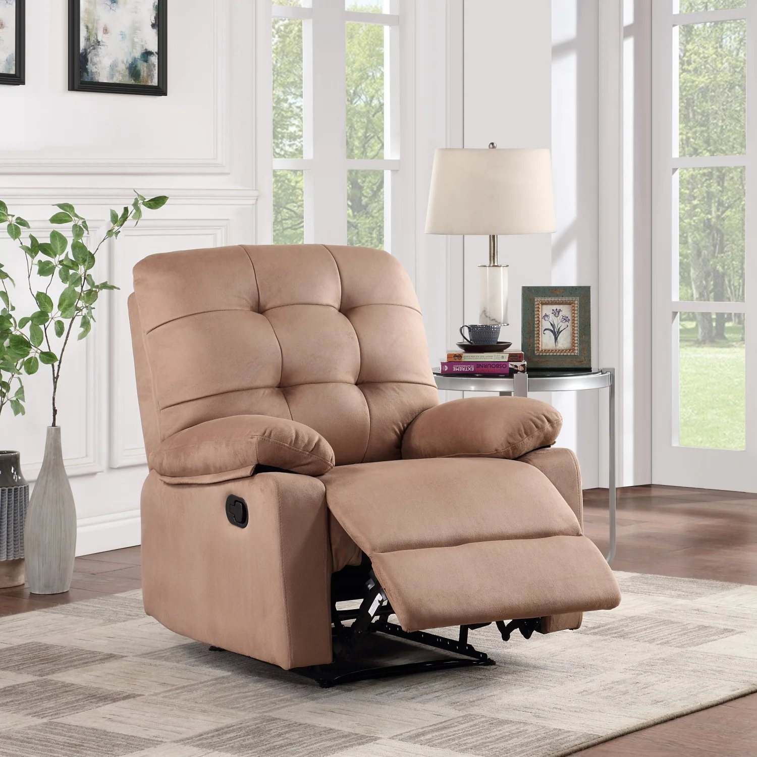 Contemporary  Comfortable Peat Color Plush Microfiber Motion Recliner Chair with Tufted Back  Manual Motion  and Plush Armrest for Living Room Furniture