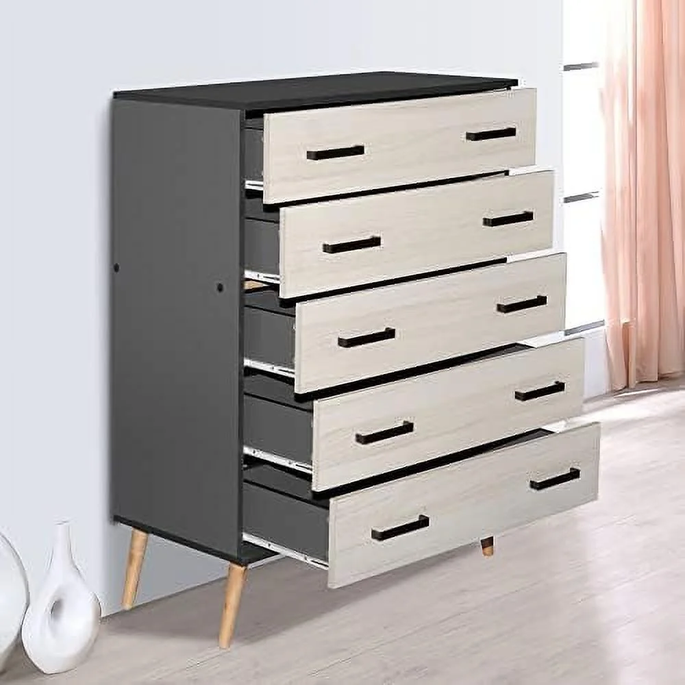 MQLIFEBOOM Eli Mid-Century Modern 5 Drawer Chest Dark Gray & Honey Oak