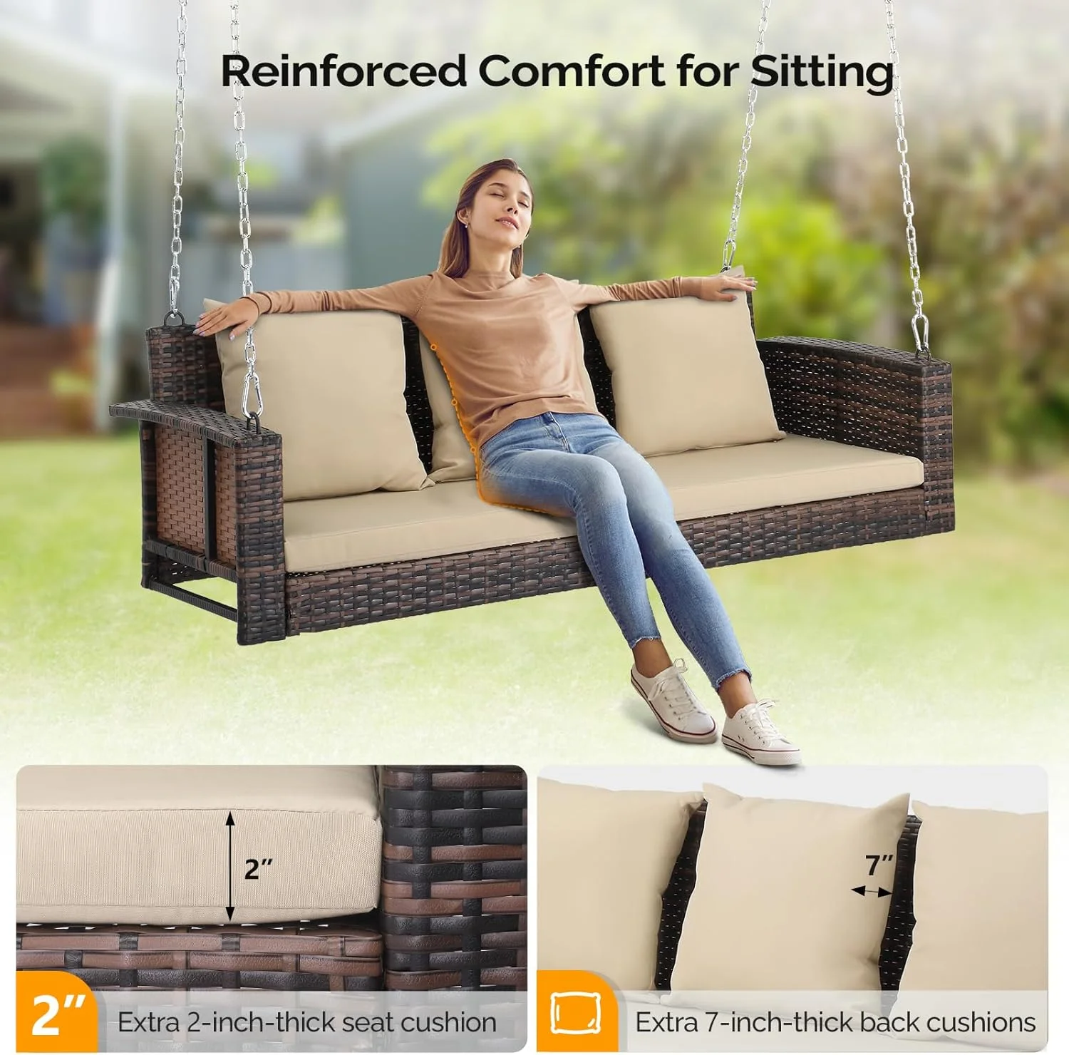 VINGLI 5 ft Rattan Outdoor Porch Swing, Heavy Duty 800 lbs Wicker Hanging Swing with Cushions for Porch, Yard, Balcony, Tree, Brown