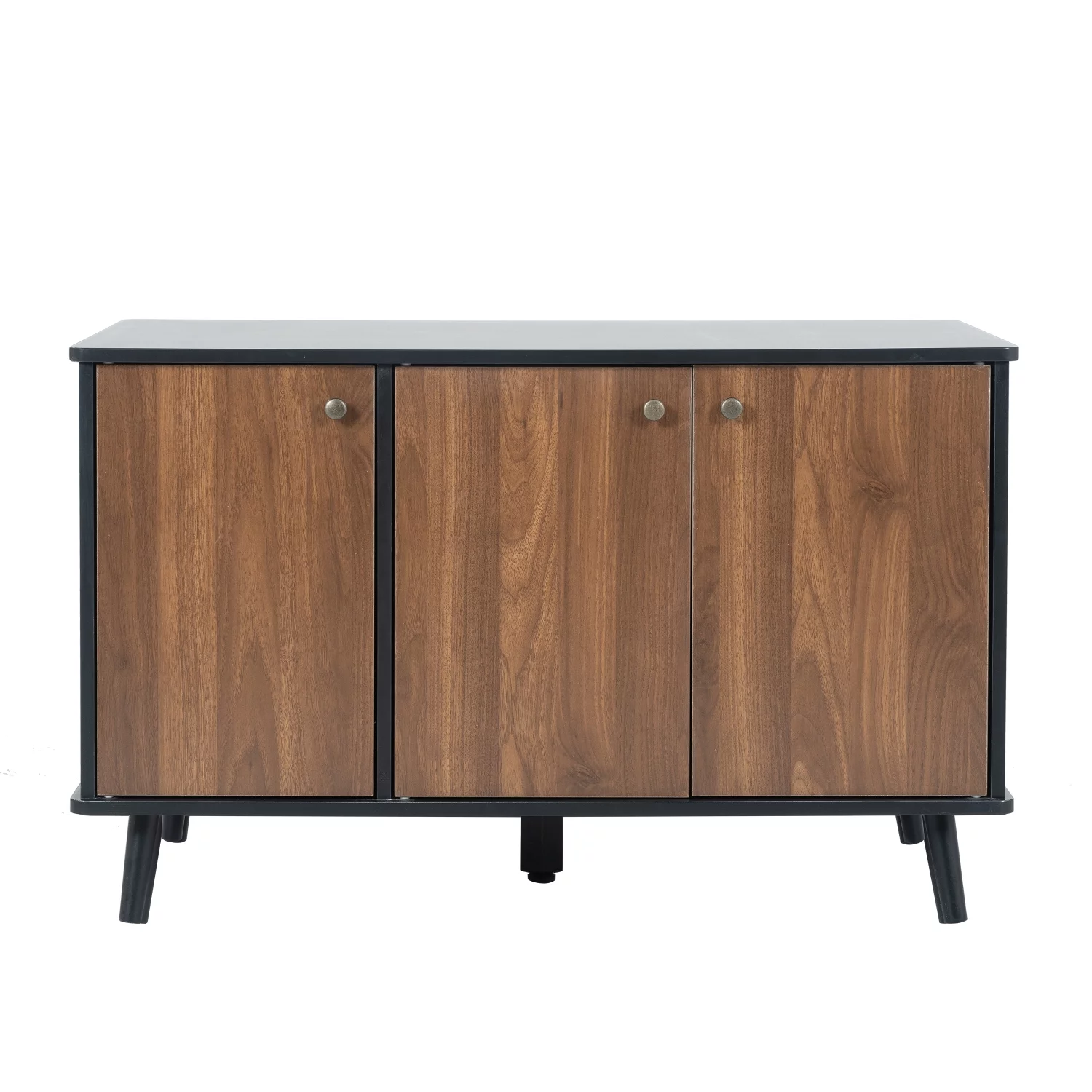 Modern Large Black and Walnut Wooden Litter Box Enclosure with Hidden Plug and 3 Doors for Indoor Cat Washroom. Stylish Cat Furniture Storage Bench Side Table House.