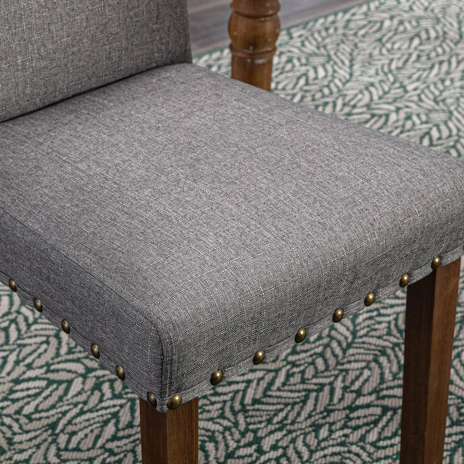 Upholstered Padded Dining Room Nailhead Trim and Solid Wood Legs Parsons Chair, Set of 2, Grey