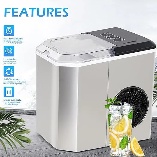 Countertop Ice Maker, Portable Stainless Steel Machine with Scoop Holder, Self-Cleaning, 26Lbs in 24Hrs, 9 Cubes in 6 Mins, 2 Sizes of Bullet Ice Cubes for Home Office Camping Boating RV
