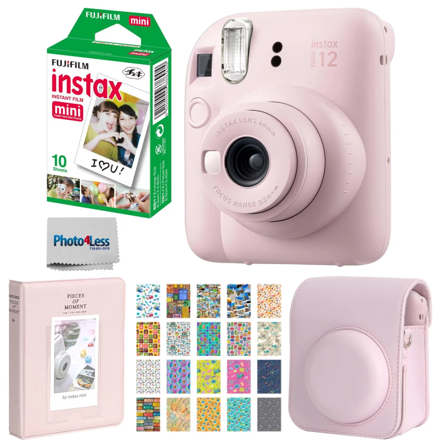 FUJIFILM INSTAX MINI 12 Instant Film Camera (Blossom Pink) + Fuji Instax Instant Film Single Pack - 10 Prints + Protective Case - Pink + Photo Album - Pink + Travel Stickers - Bundle!