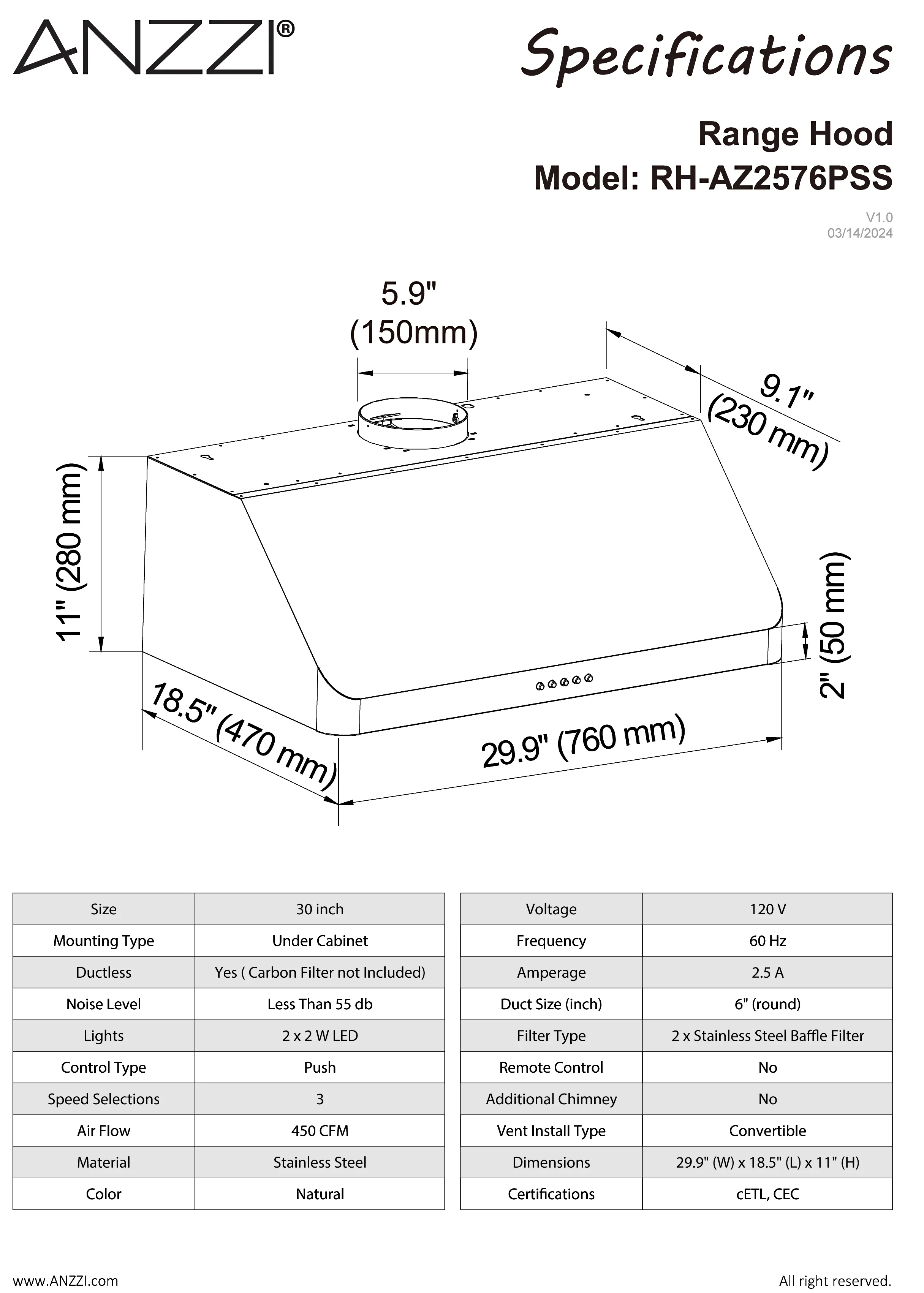 Under Cabinet Range Hood 30 inch | Ducted / Ductless Convertible Kitchen over Stove Vent | Washable Baffle filter, LED Lights & Stainless Steel Finish | WALRHUC30PS