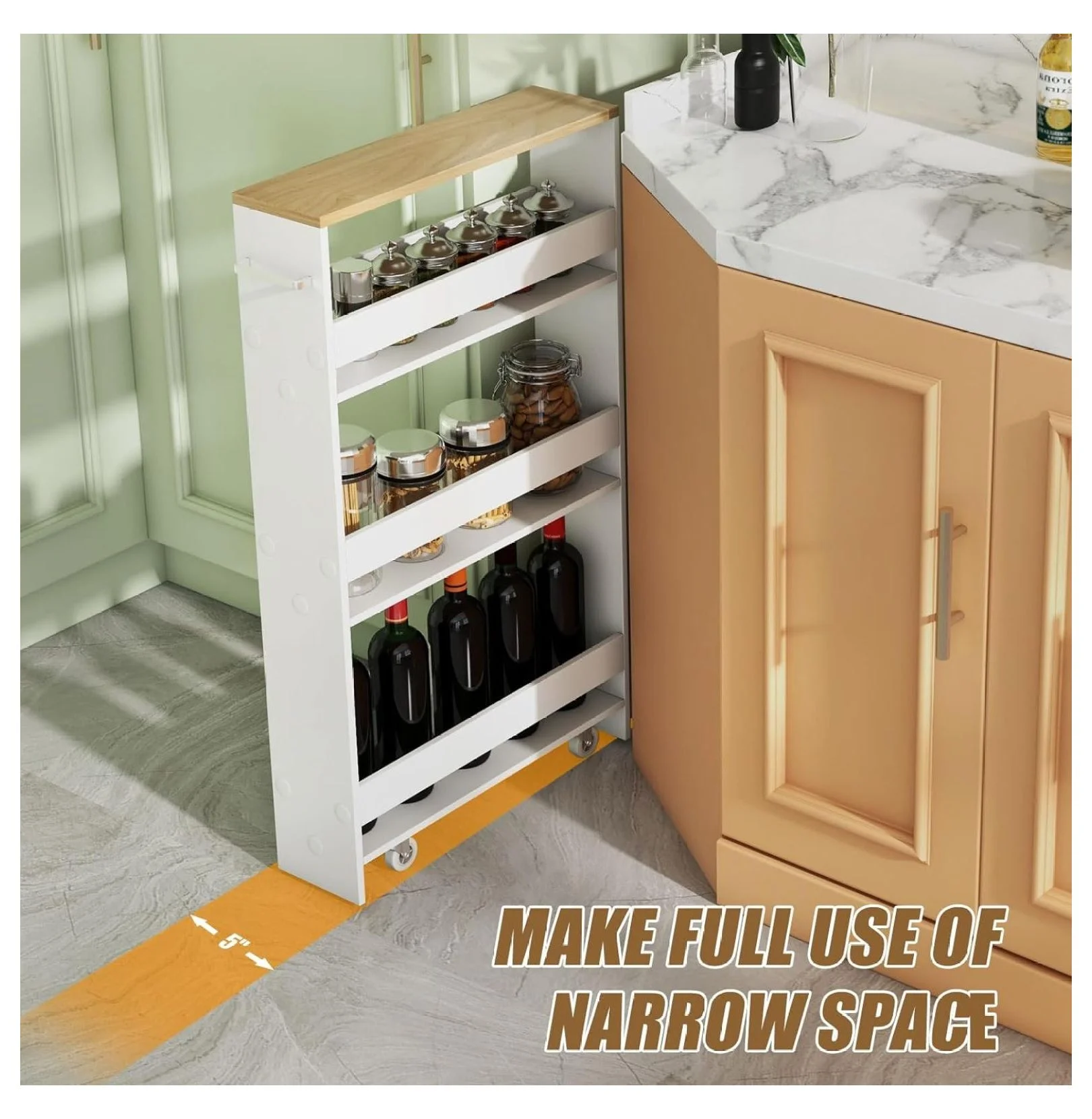 Slim Rolling Storage Cart, 4-Tier Kitchen Utility Carts on Wheels, Wood Shelving Unit Organizer Trolley with Handle, 5” Width Narrow Cart for Small Spaces, Laundry, Bathroom (White & Natural)