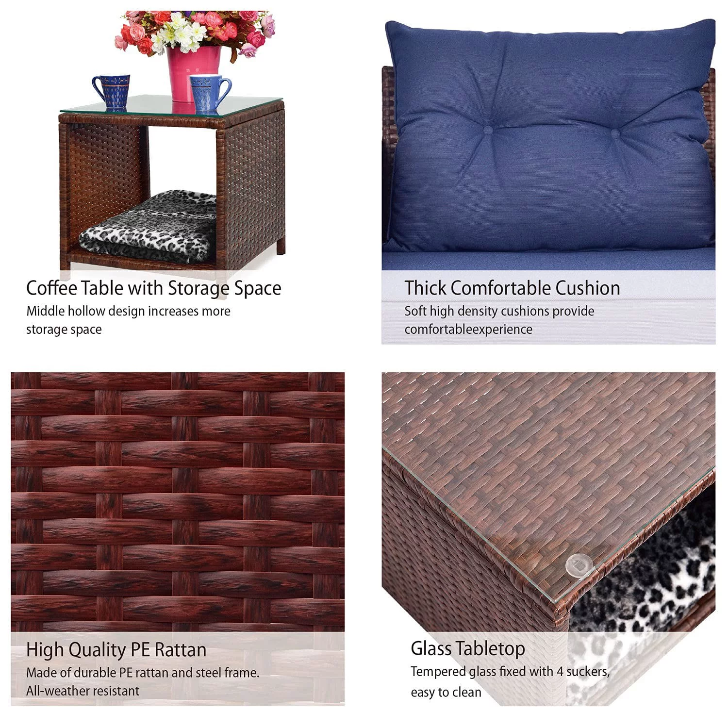 Superjoe 5 Pcs Wicker Patio Furniture Set All Weather Patio Conversation Set with Chairs and Coffee Table, Caret and Blue