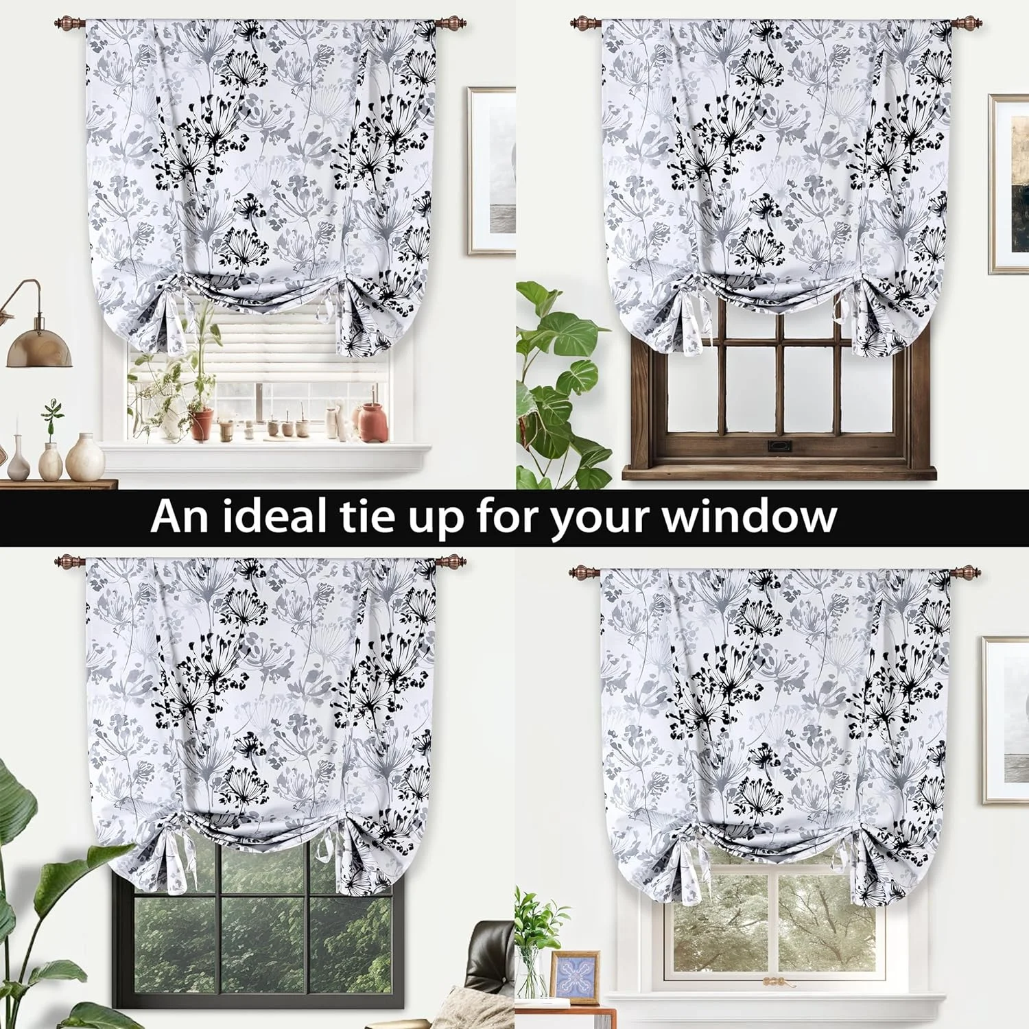 Floral Tie Up Curtain Acacia Floral Blossom Watercolor Printed 100 Percent Blackout Thermal Insulated Tie Up Adjustable Balloon Rod Pocket Curtain For Small Window 42 Inch By 63 Inch Gray
