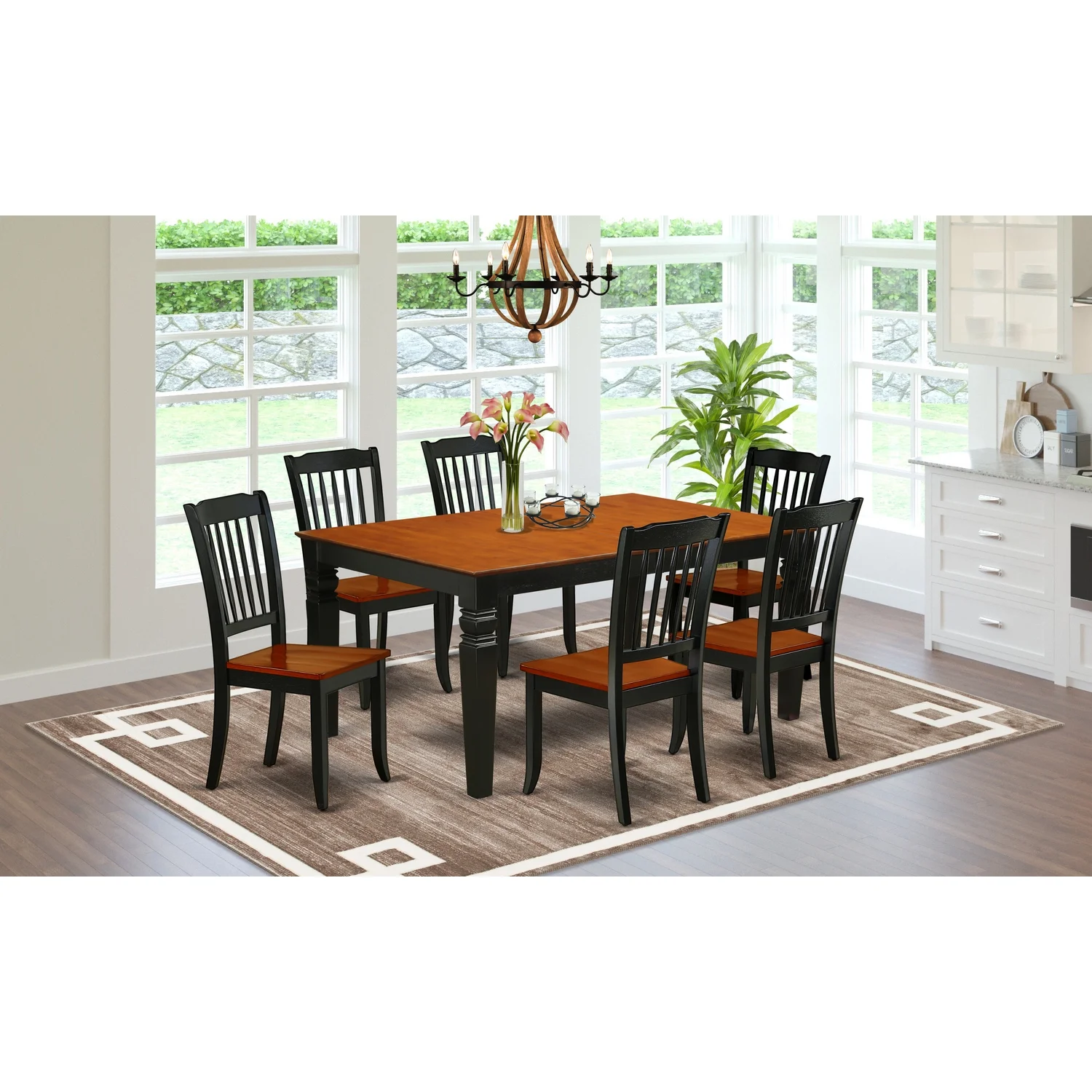 East West Furniture Weston 7-piece Dining Set with Wood Chairs in Black/Cherry