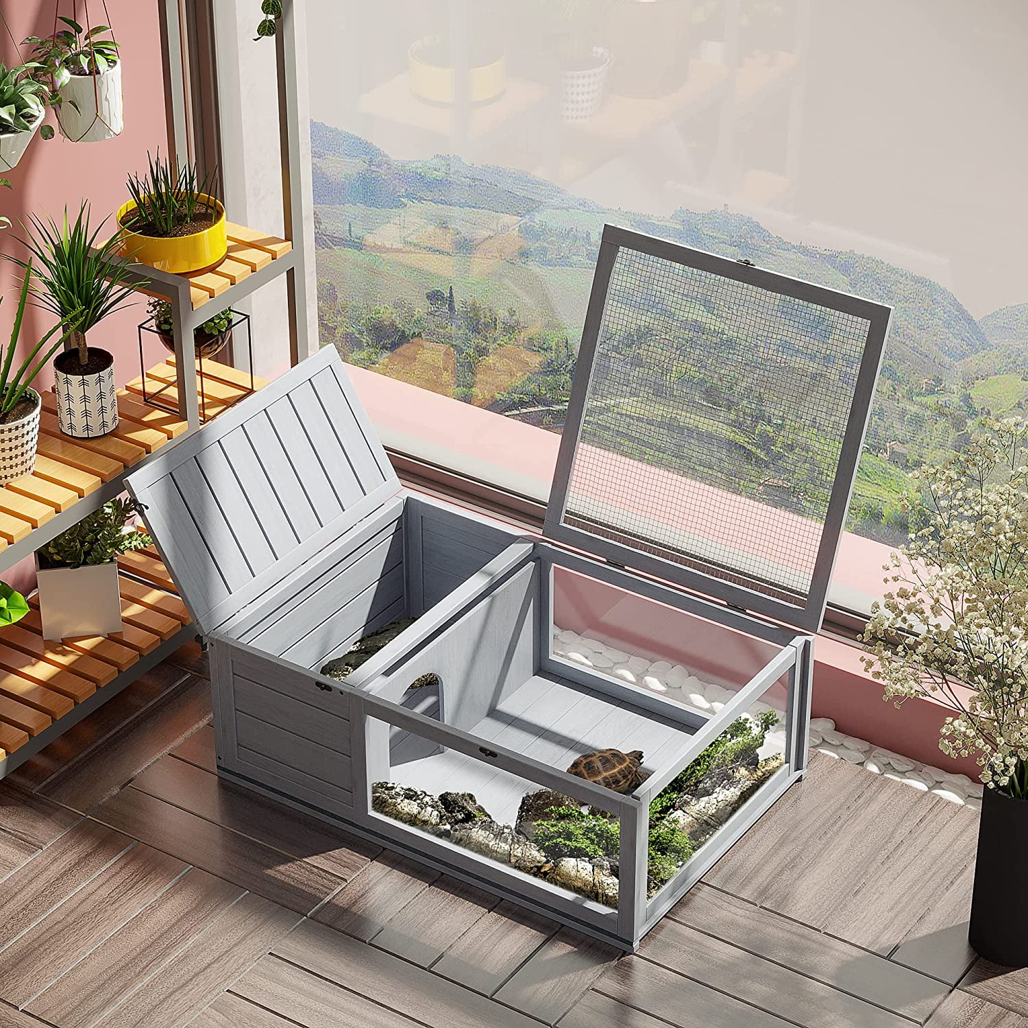 Wooden Tortoise House Indoor Turtle Habitat Enclosure Outdoor Reptile Cage For Lizards, Geckos, Gray